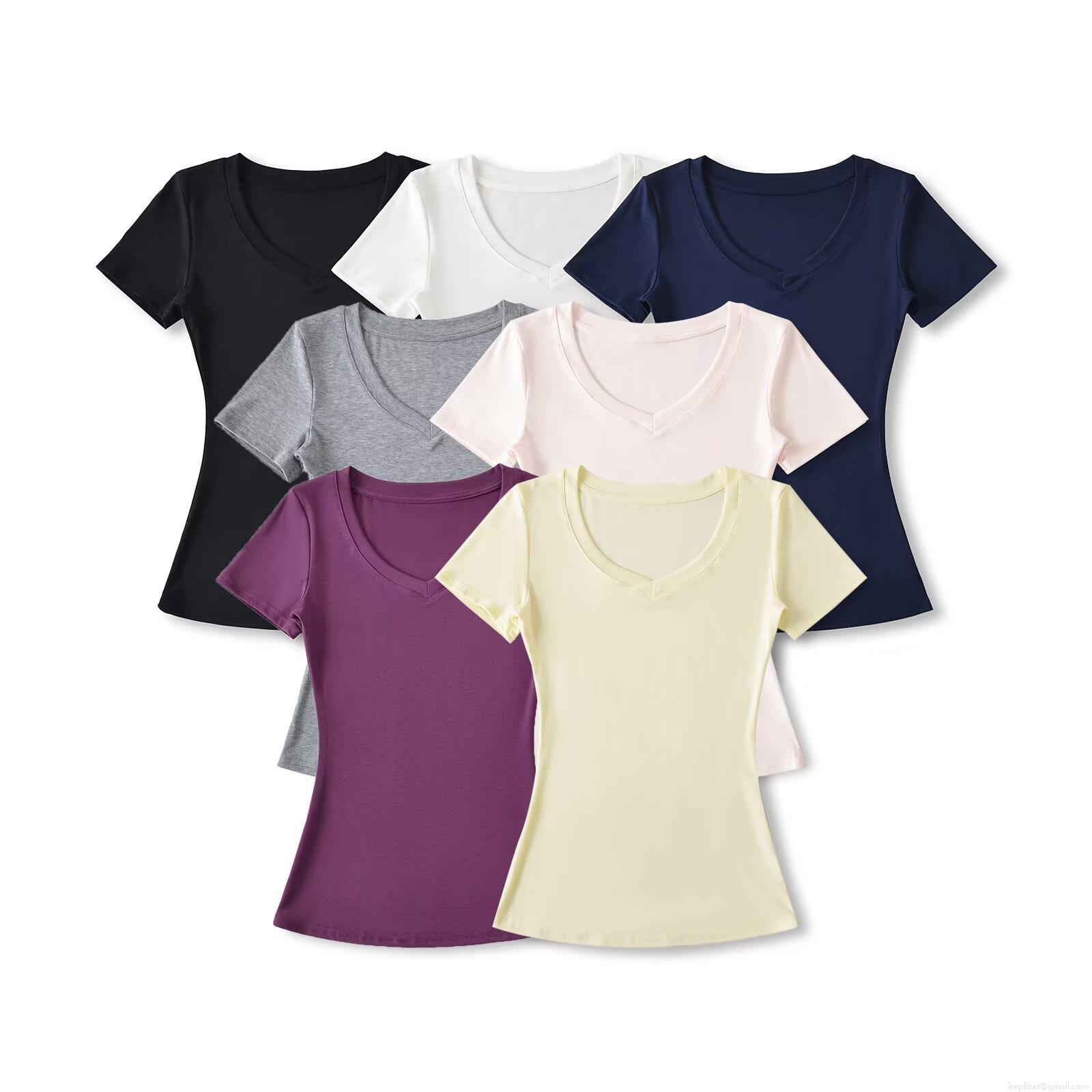 Women's V-Neck Short Sleeve Ruched T-Shirt Lyocell Blend Slim Fit Solid Color Summer Casual Top for Ladies