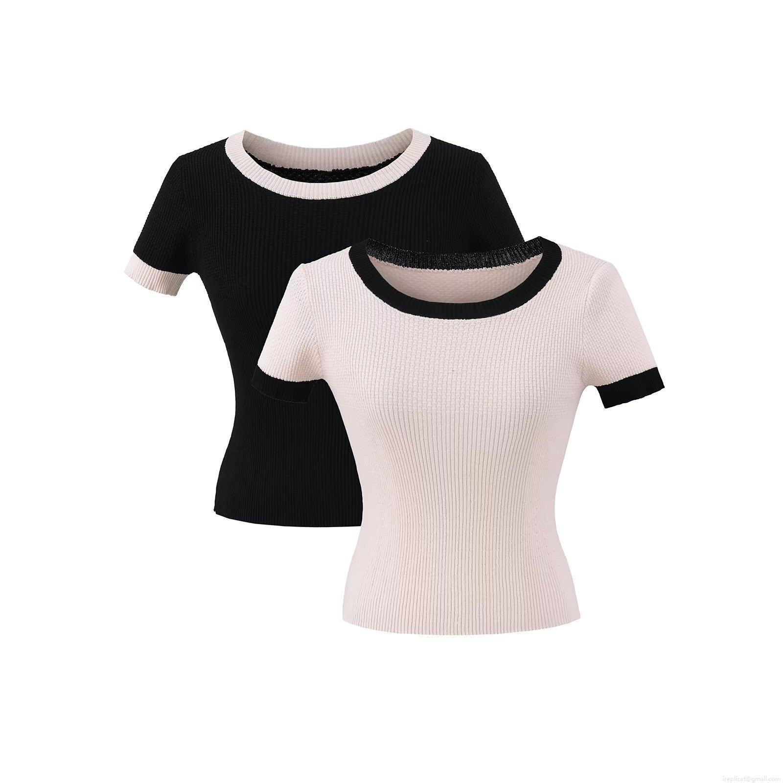 Women's Knit T-Shirt Viscose Polyester Short Sleeve Round Neck Contrast Trim Slim Fit Ribbed Patchwork Top Casual Summer Streetwear Ladies