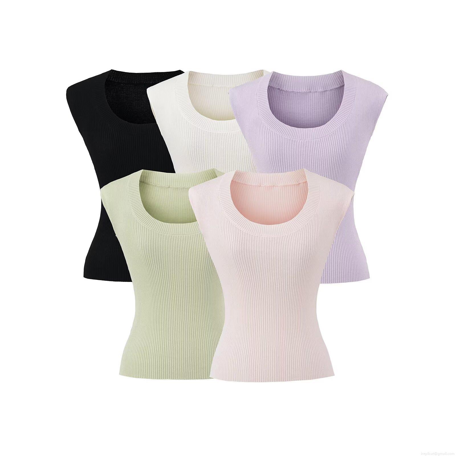 Women's Round Neck Sleeveless Ribbed Knit T-Shirt Slim Fit Solid Color Viscose Polyester Summer Streetwear Casual Tank Top Vest