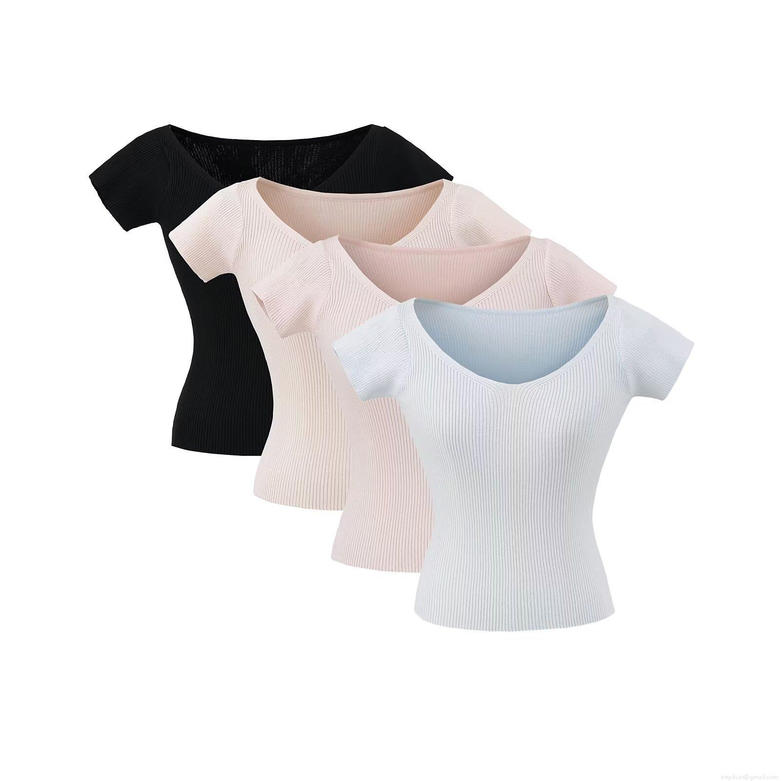 Women V Neck Short Sleeve Ribbed Knit T-Shirt Slim Fit Solid Color Polyester Viscose Blend Casual Summer Top Streetwear Clothing