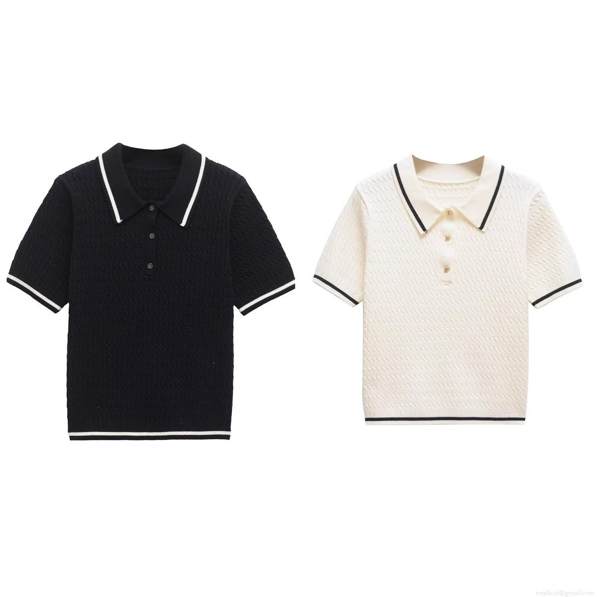 Women's Contrast Trim Knitted Polo Shirt Short Sleeve Polyester Button Down V Neck Summer Casual T-Shirt Streetwear Top For Women