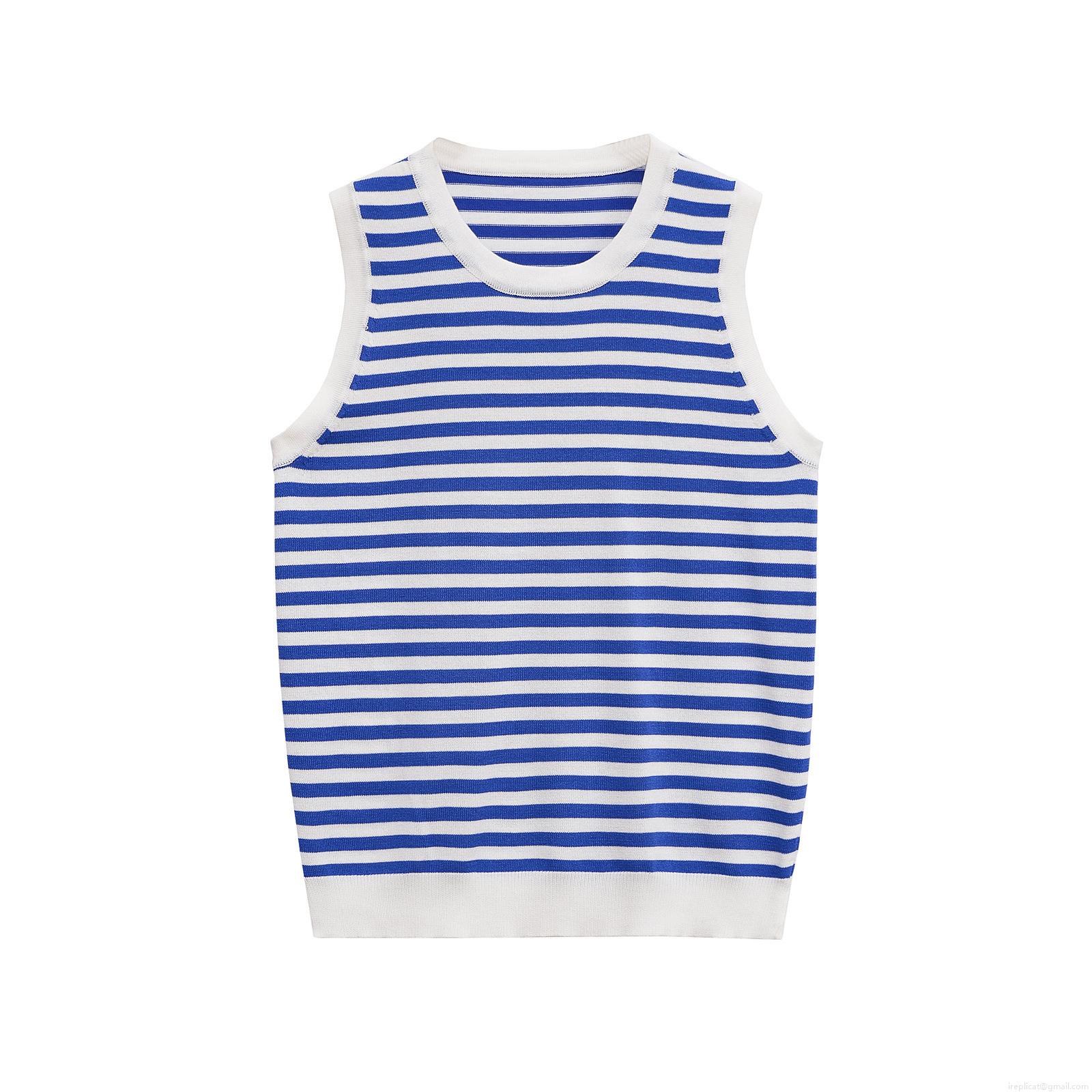 Women's Striped Mercerized Cotton Knit Tank Top Contrast Trim Round Neck Sleeveless Summer Casual Streetwear Chic Ladies Lightweight Comfortable Vest