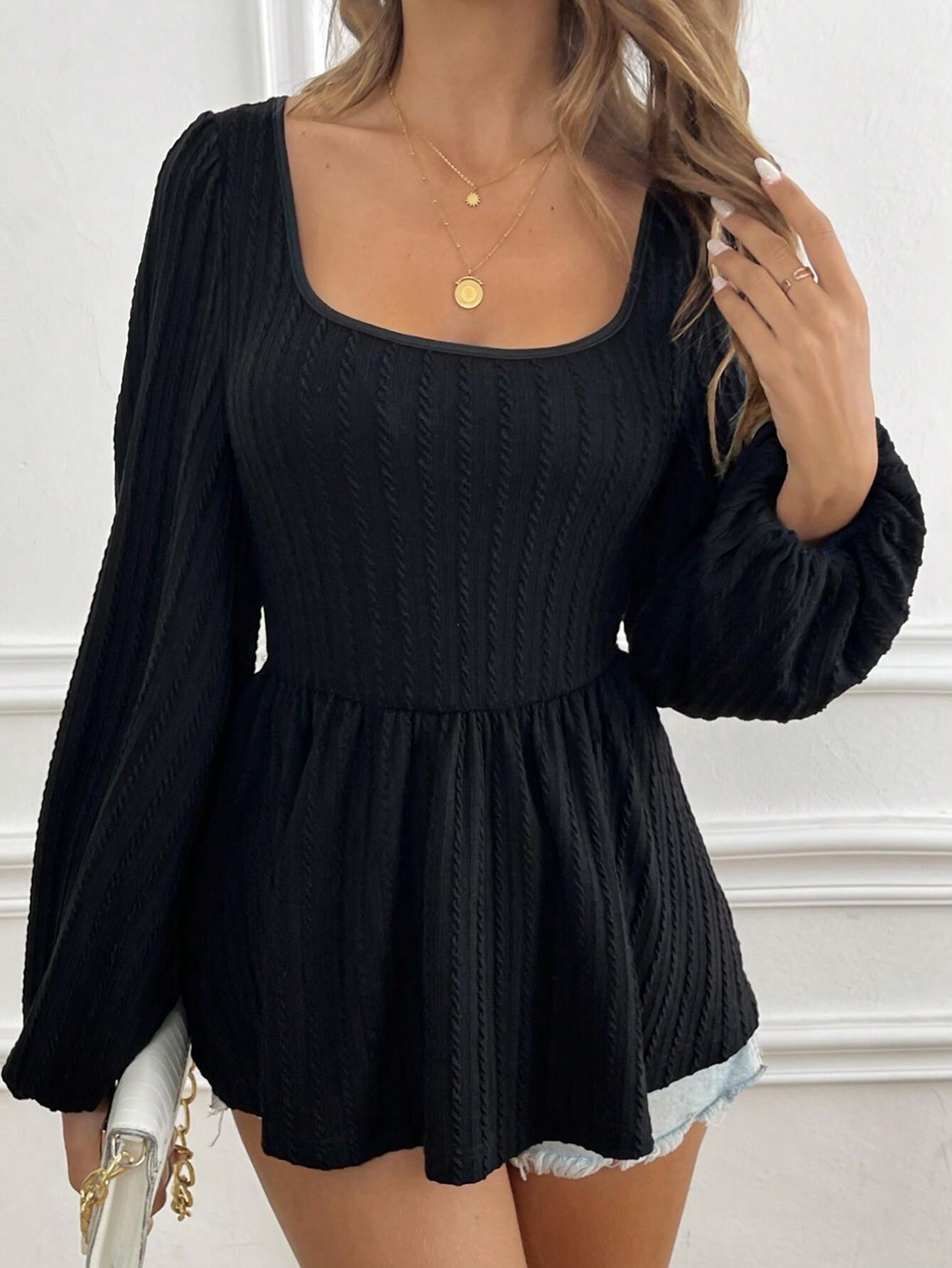 Women Elegant Black Square Neck Long Sleeve Top With Puff Sleeve Peplum Hem Cotton Polyester Blend Knit Texture Sexy Commuter Blouse For Women