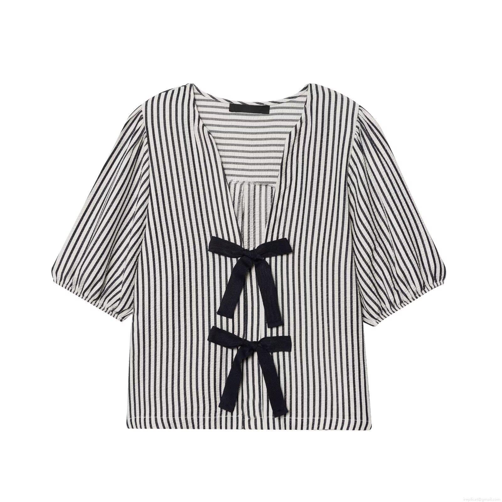 Women's Summer V Neck Striped T Shirt Polyester Seersucker Short Puff Sleeve Top With Bow Tie Casual Streetwear Fashion Tee For Women