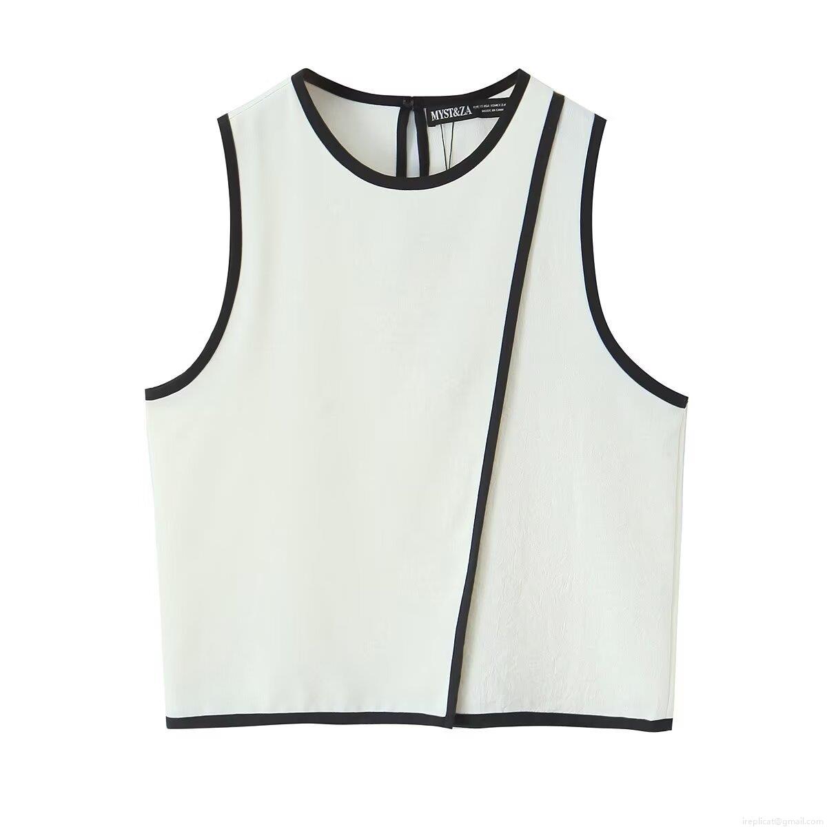 Women's Summer Sleeveless Tank Top Contrast Trim Round Neck Back Keyhole Button Top Casual Polyester Blouse Streetwear For Women
