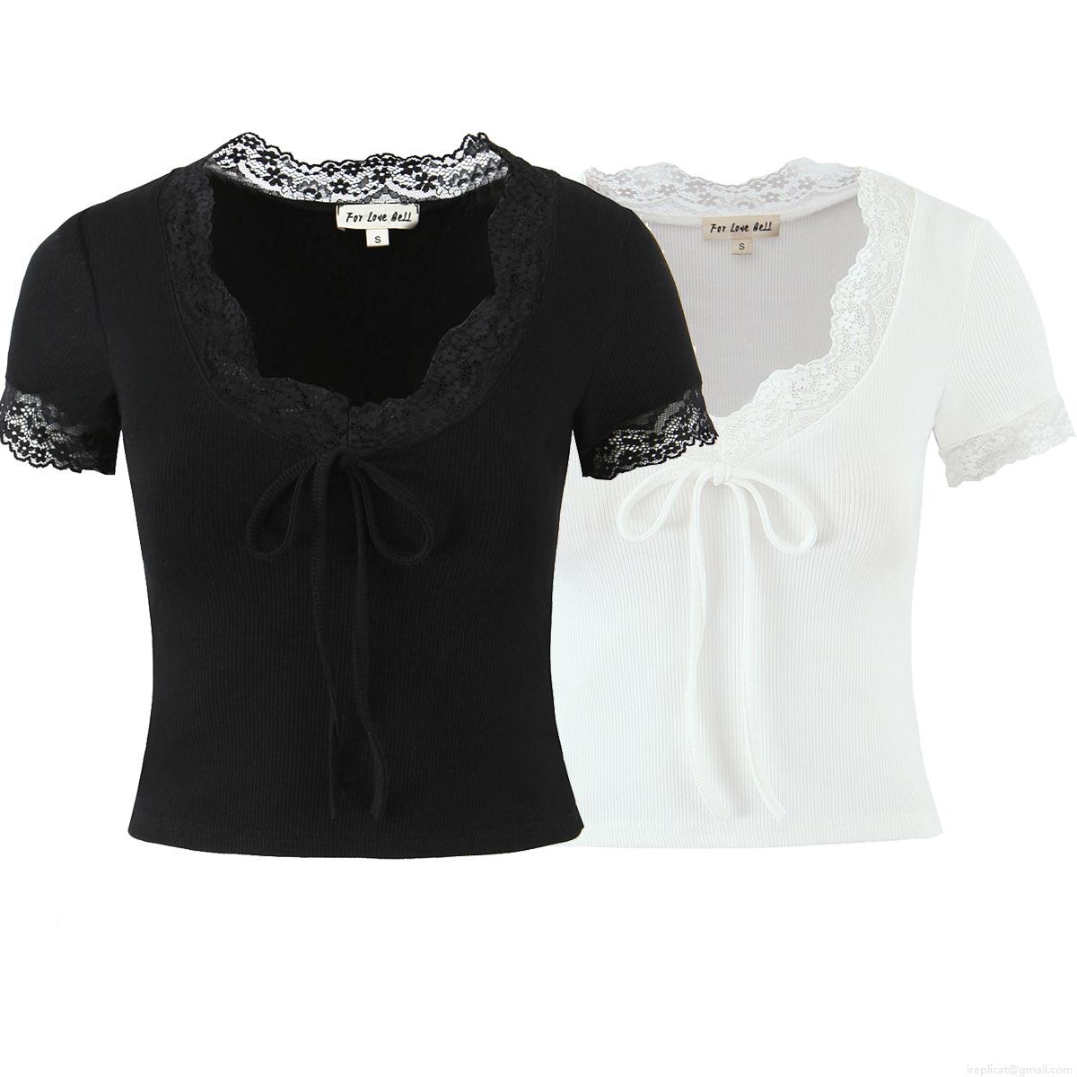 Women's Summer V-Neck Lace Patchwork T-Shirt Sexy Short Sleeve Ribbed Knit Top With Bow Tie Front Casual Slim Fit Streetwear Cotton Blend Blouse