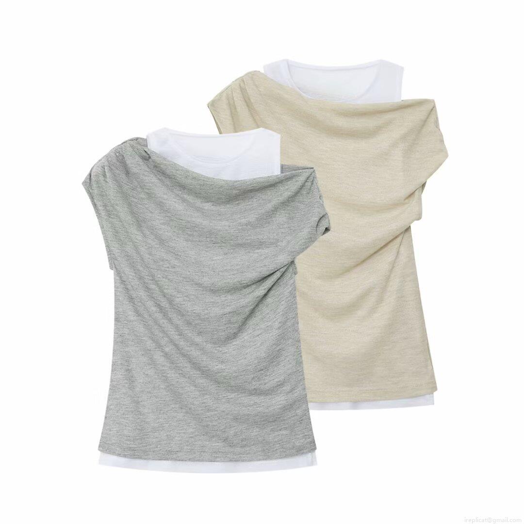 Women's Summer Fake Two-Piece Sleeveless Knit Tank Top Asymmetric Ruched Casual Streetwear Layered Round Neck T-Shirt For Women Vest Top