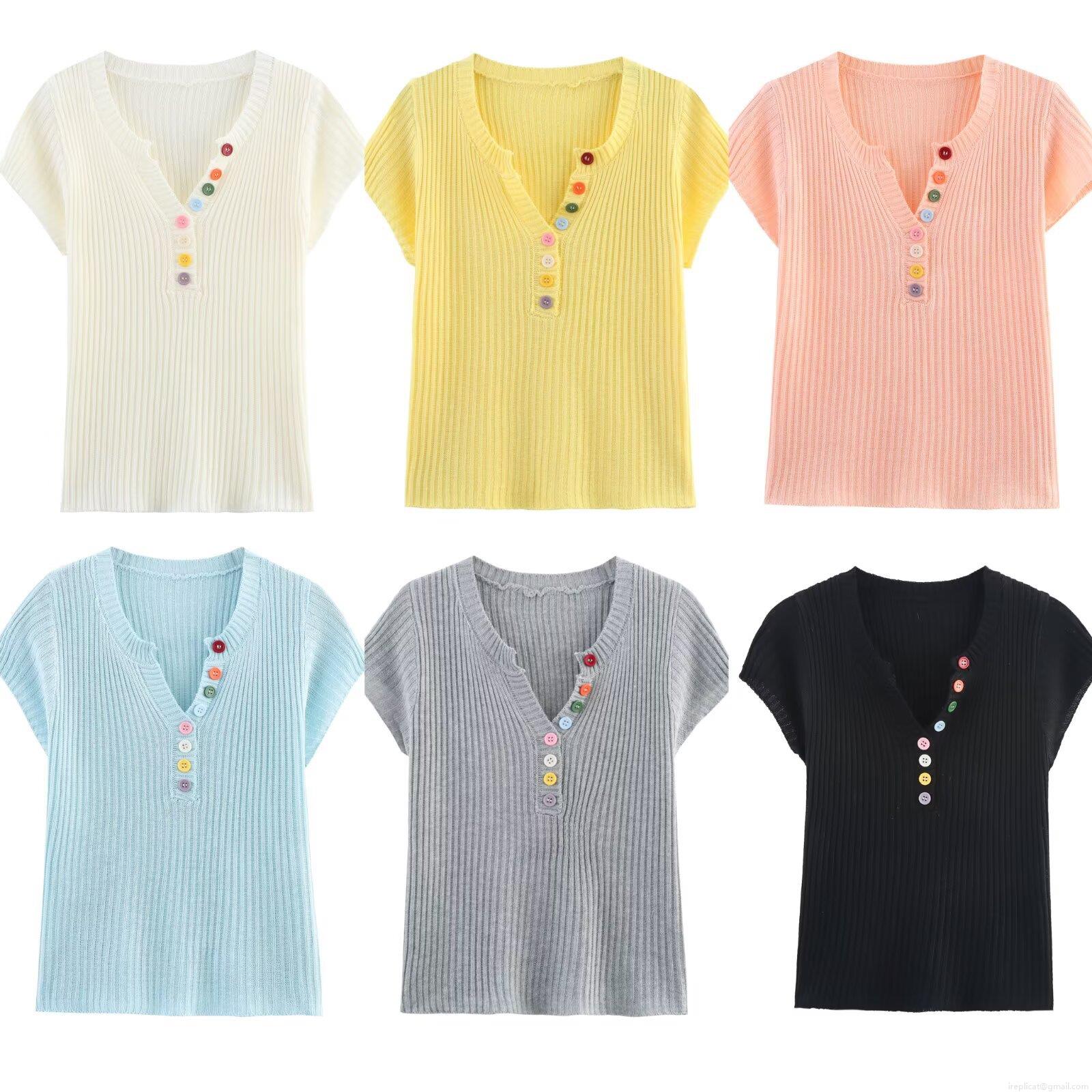 Women's V Neck Knitted T-Shirt Ribbed Short Sleeve Top With Colorful Decorative Buttons Casual Slim Fit Polyester Summer Clothing For Ladies