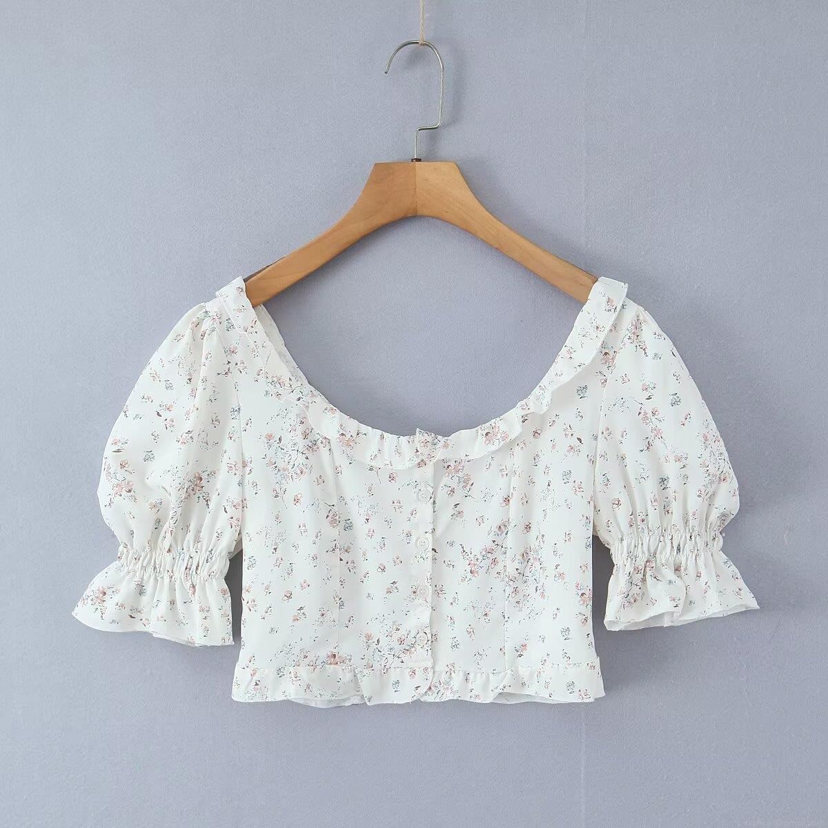 Women's French Floral Print Crop Top Sexy U Neck Puff Sleeve Button Front Ruffle Smocked T-Shirt Polyester Blend Summer Vacation Streetwear Tee Top for Ladies