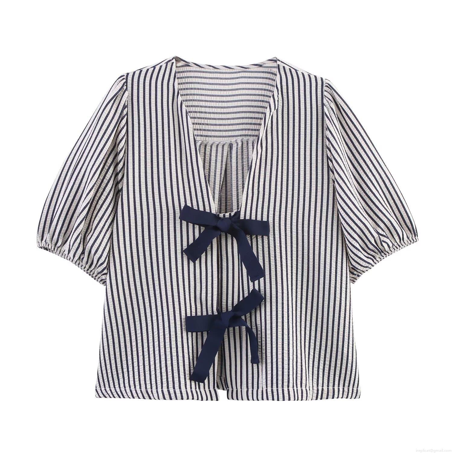 Women's V-Neck Striped Seersucker Short Sleeve T-Shirt Casual Dual Bow Tie Decor Puff Sleeve Blouse Top For Summer Streetwear