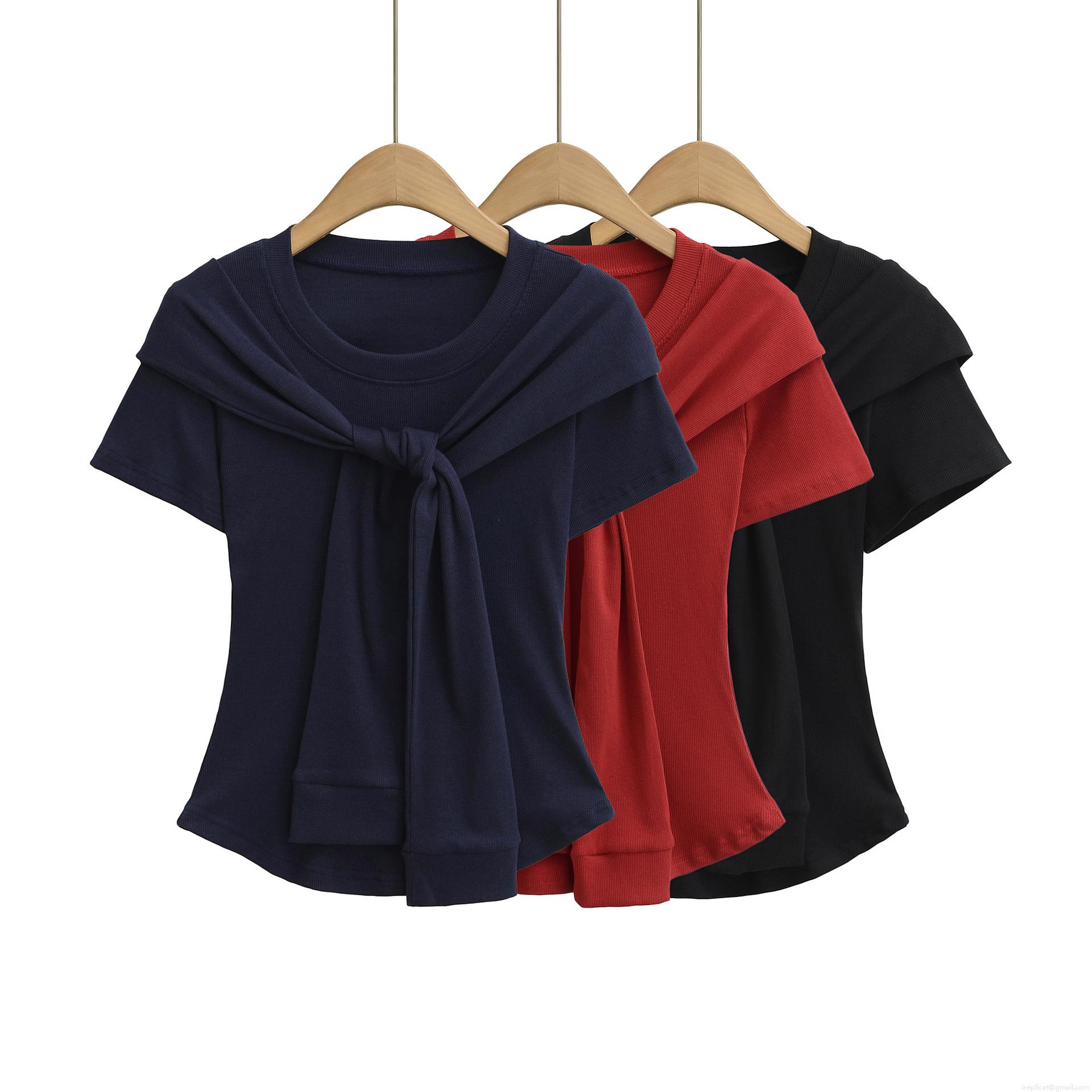 Women's Ribbed Knit T-Shirt Fake Two-Piece Knot Front Shawl Design Short Sleeve Round Neck Cotton Blend Slim Fit Summer Casual Streetwear Top