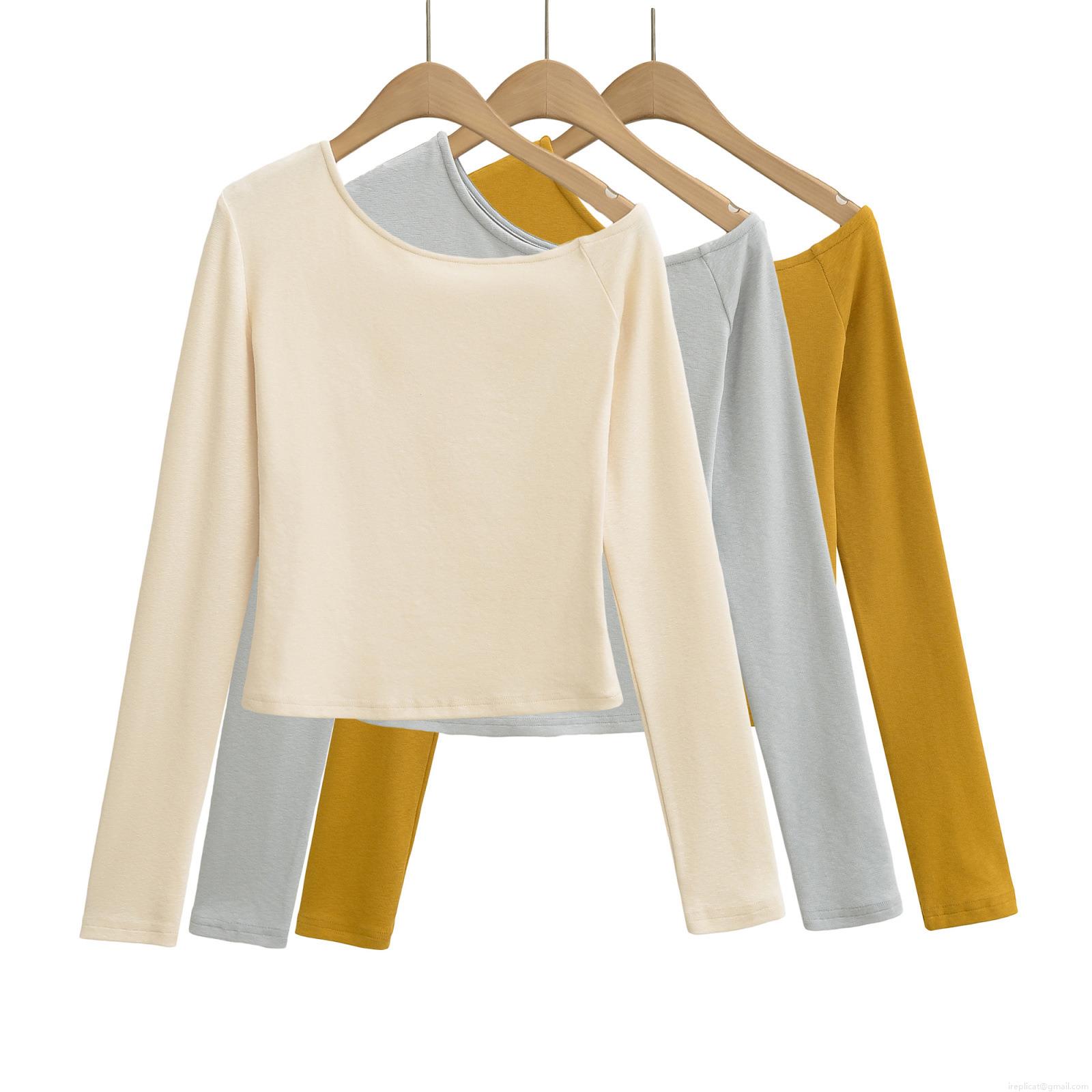 Women's Off Shoulder Long Sleeve Crop Top Asymmetric Neck Solid Color Slim Fit Cotton Blend Knit T-Shirt Sexy Streetwear Casual Pullover For Women