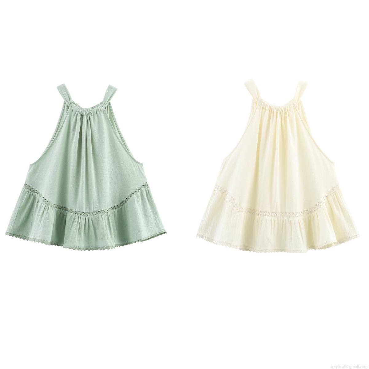 Women's Halter Neck Sleeveless Top Hollow Out Lace Patchwork Ruffle Hem Tie Up Backless Cotton Blend T-Shirt Summer Casual Streetwear Camisole