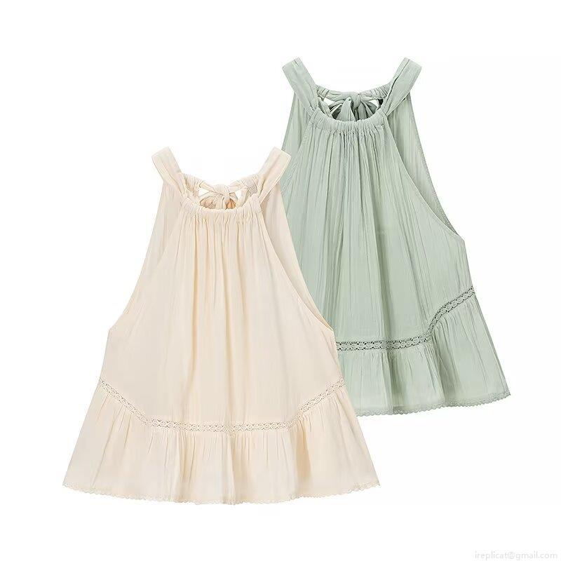 Women Summer Halter Neck Sleeveless T-Shirt Casual Loose Solid Color Pleated Top With Crochet Lace Patchwork Ruffle Hem Back Tie-up Vest