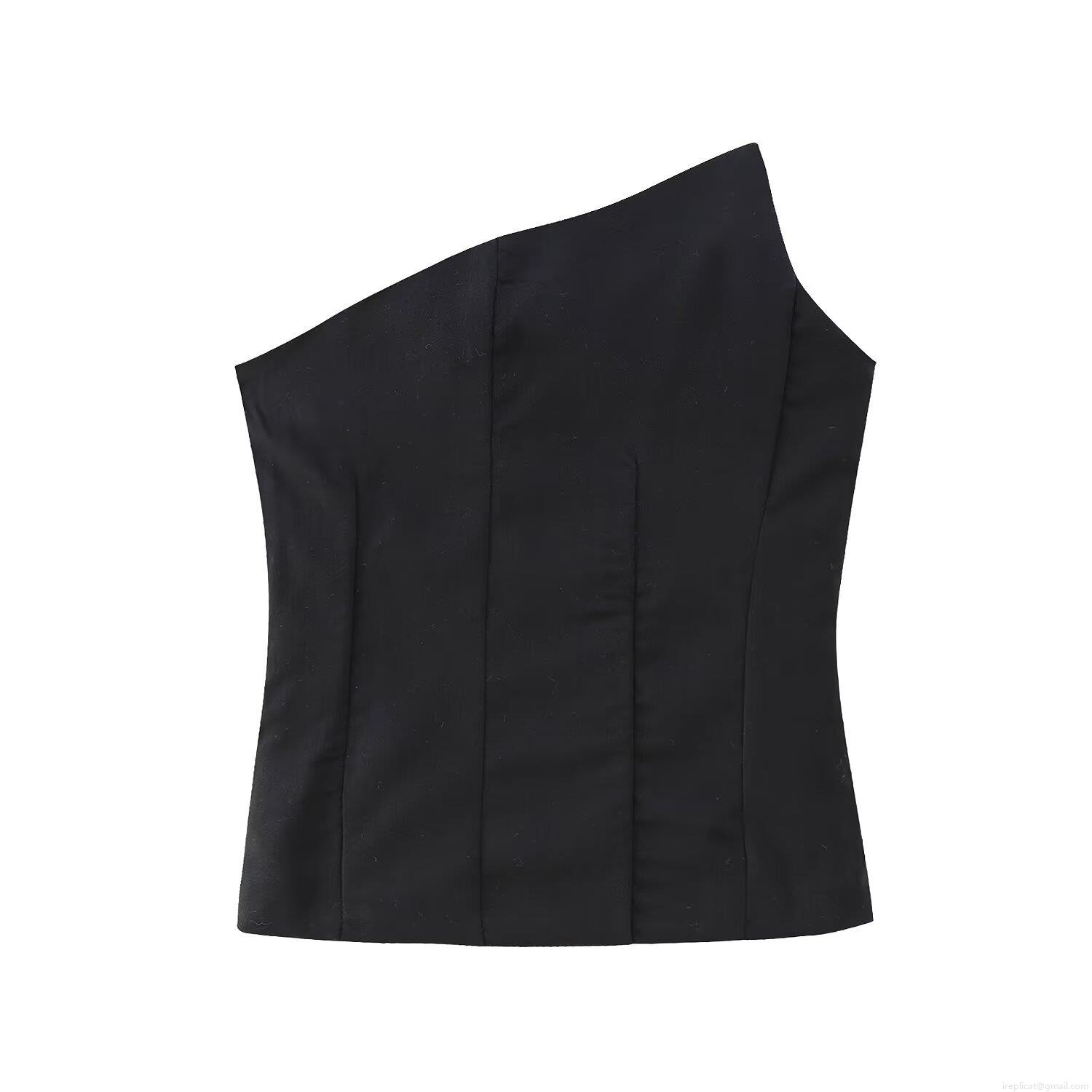 Women's Sexy One Shoulder Asymmetric T-Shirt Solid Black Slim Fit Sleeveless Crop Top 100% Polyester Streetwear Summer Casual Tee