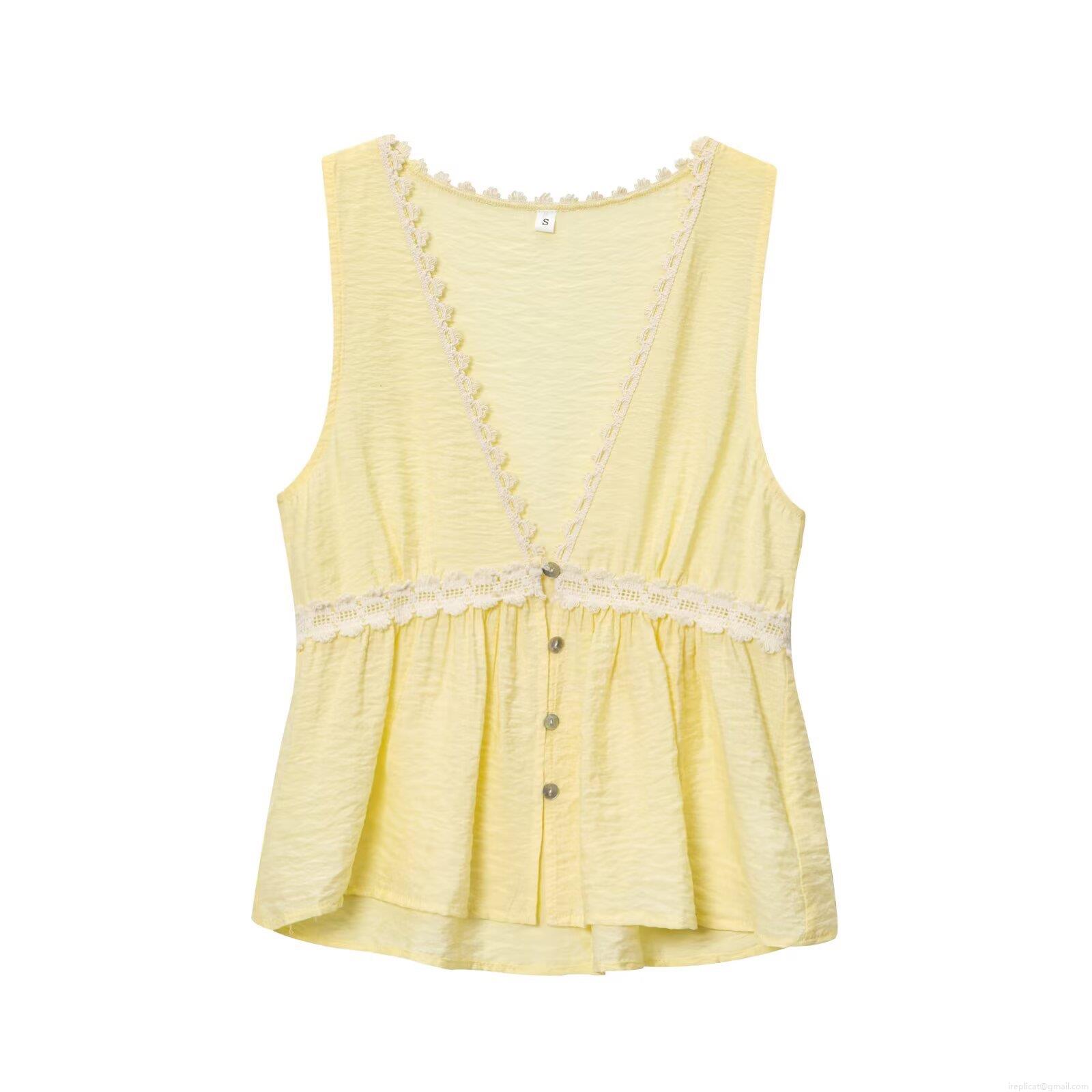Women Sleeveless V-Neck Single-Breasted Lace Splicing Yellow Tank Top Summer Casual Textured Fabric T-Shirt Top For Women