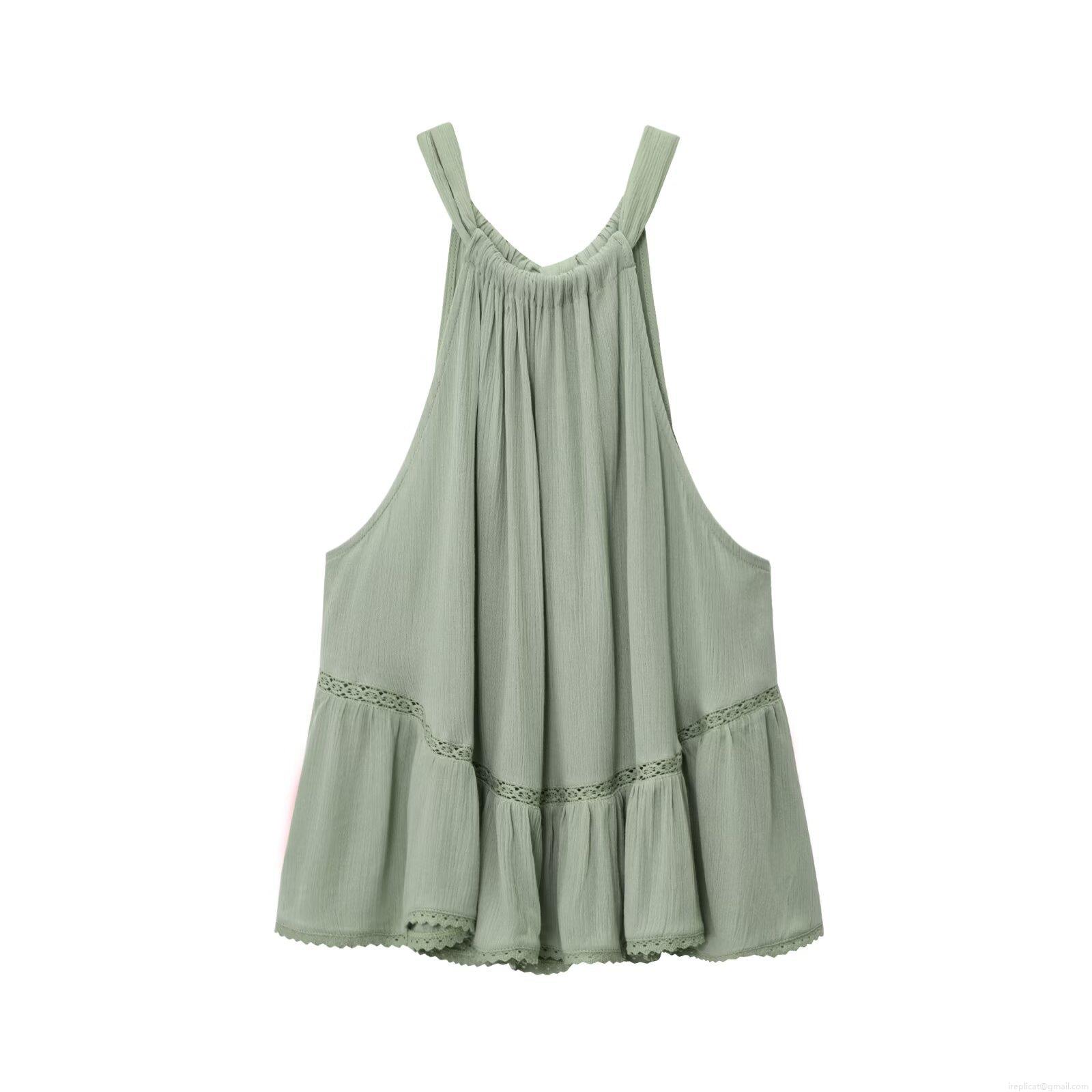 Women's Halter Neck Top Summer Sleeveless Bow Tie Ruffle Hem Polyester Crinkle Fabric Lace Embroidery Tulle Casual Vacation Streetwear Sage Green Blouse