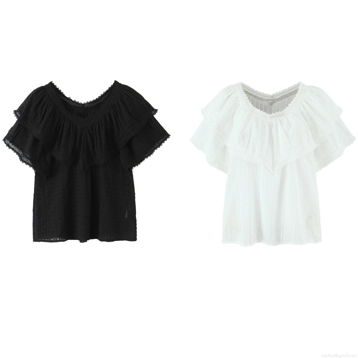 Women's V-Neck Lace Trim T-Shirt 100% Cotton Short Sleeve Ruffle Edge Blouse Summer Casual Loose Top Street Style For Women