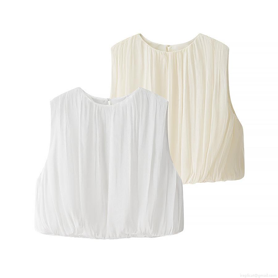 Women's Sleeveless T-Shirt Pleated Round Neck Bubble Hem Polyester Crop Top For Summer Streetwear Party Solid Color Lightweight Casual Blouse