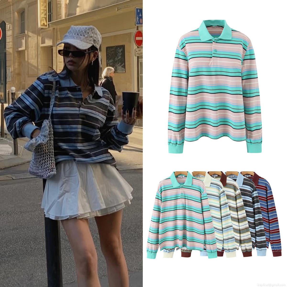 Women's Striped Long Sleeve Polo Shirt Cotton Blend Color Block Casual Streetwear Pullover Top T-Shirt for Spring Autumn Fashion