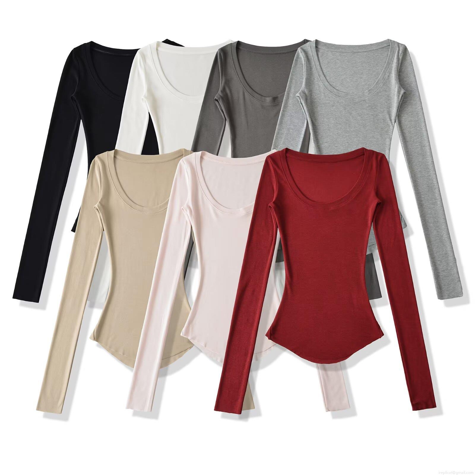 Women's Slim Fit U-Neck Long Sleeve T-Shirt Solid Color Polyester Rib Knit Basic Undershirt Top Casual Streetwear For Autumn Winter Ladies Clothing