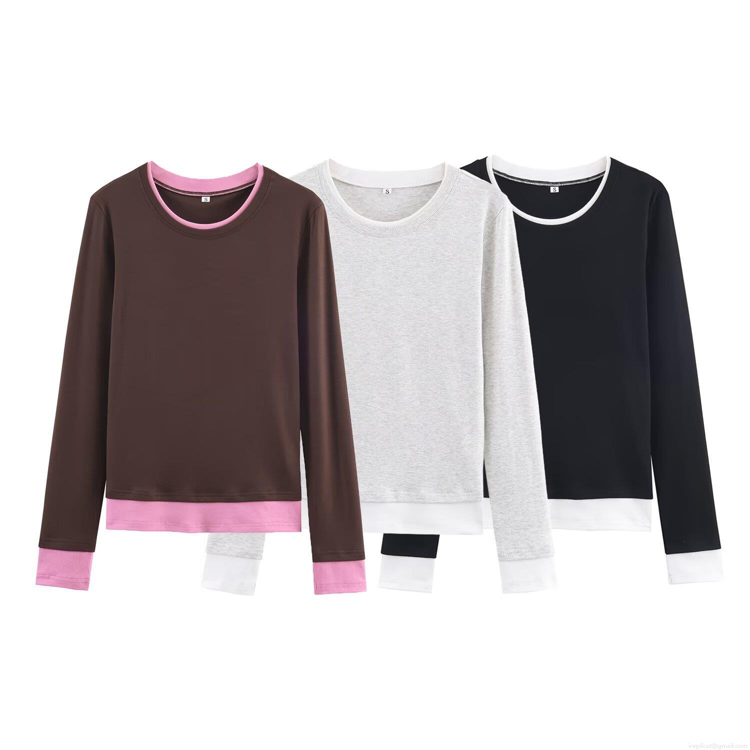 Women's Fake Two Piece Long Sleeve T-Shirt Contrast Color Block Round Neck Polyester Ribbed Knit Tops Streetwear Casual Autumn Clothing For Women