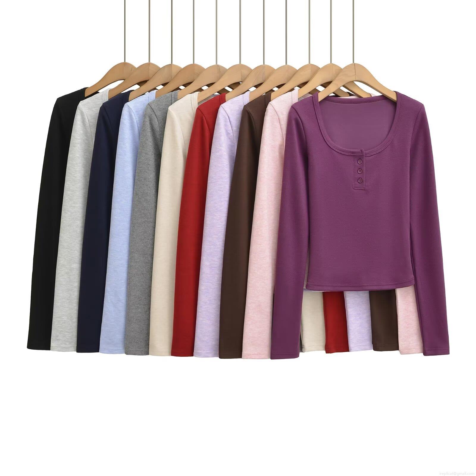 Women's Ribbed Knit Long Sleeve T-Shirt Casual Henley Neck Button Front Slim Fit Top Streetwear Solid Color Autumn Winter Tee