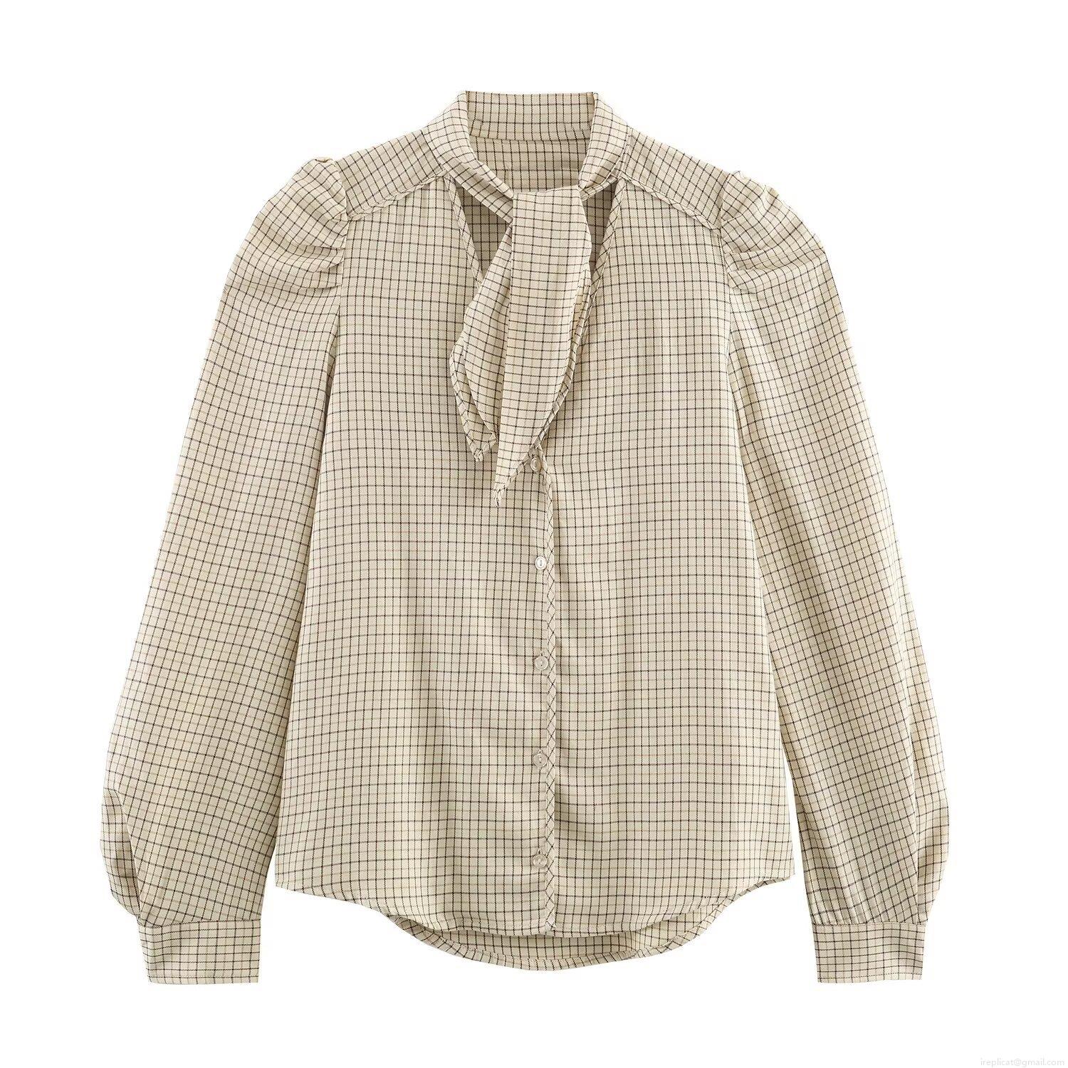 Women's Elegant Plaid Tie-Neck Long Sleeve Blouse Polyester Beige Check Button Down Shirt With Puff Sleeves For Autumn Winter Office Casual Streetwear