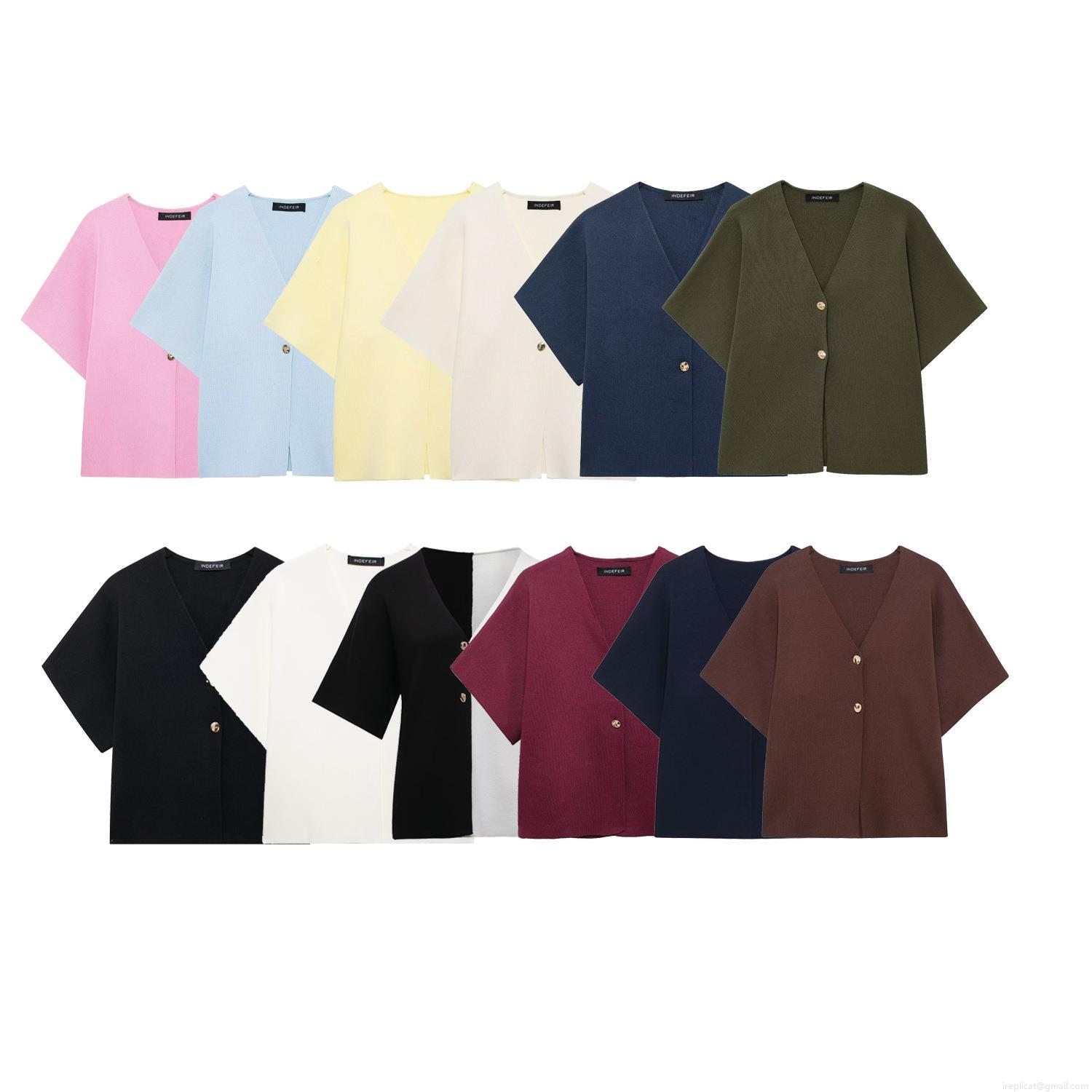 Women's Casual V-Neck Short Sleeve Knit T-Shirt Button Front Slim Fit Summer Cardigan Top Western Streetwear Lightweight Ribbed Texture Daily Tee for Ladies