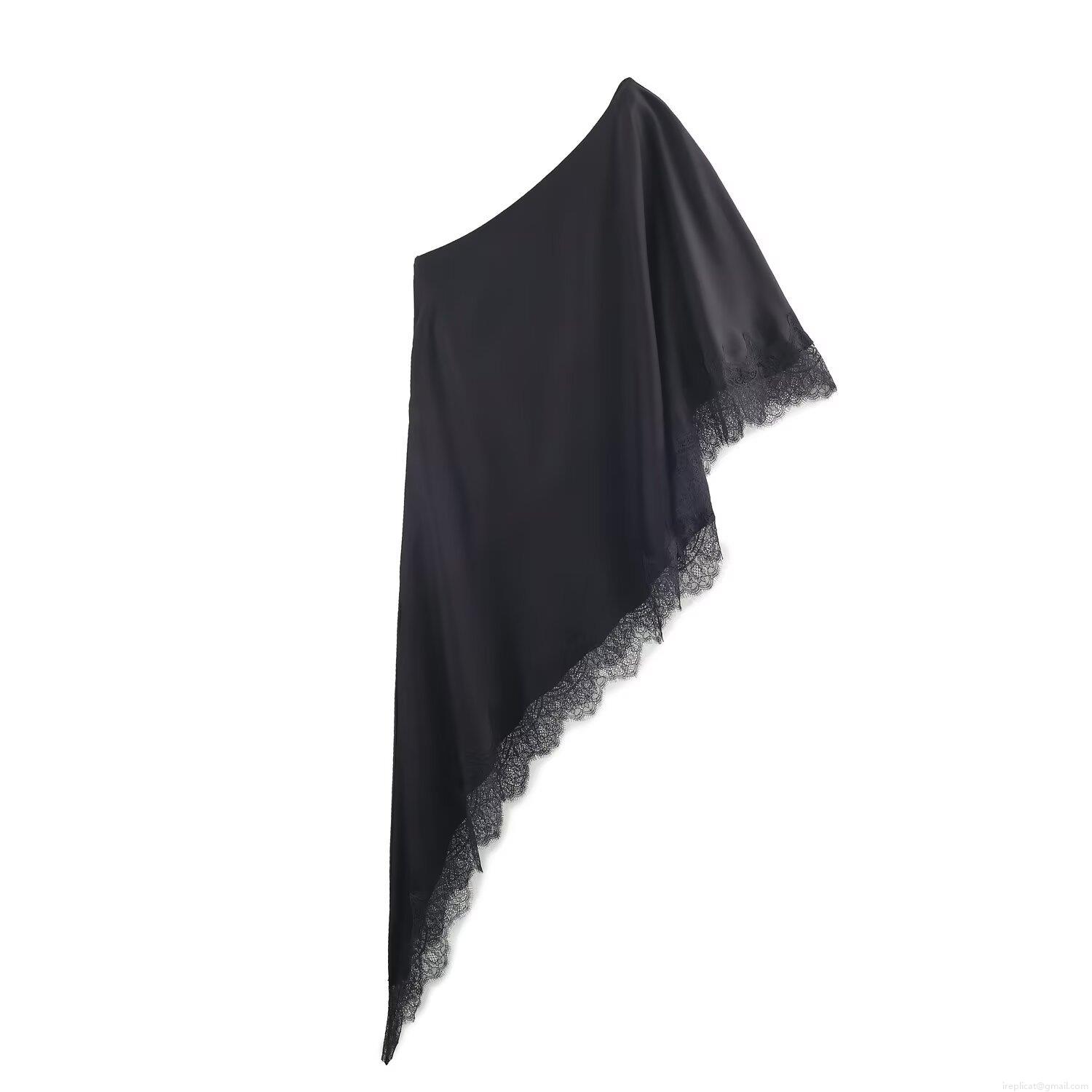 Women's Sexy One Shoulder Asymmetric Satin T-Shirt Fashion Lace Trim Sleeveless Top Elegant Street Style Solid Black Blouse for Party Club Summer