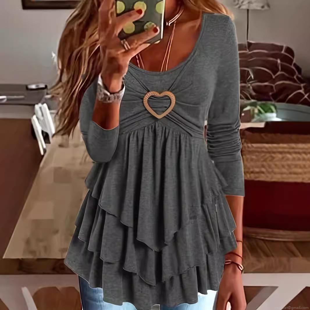 Women Long Sleeve T-Shirt Heart Shaped Metal Buckle Tiered Peplum Hem Round Neck Solid Color Casual Fit Top For Spring Autumn