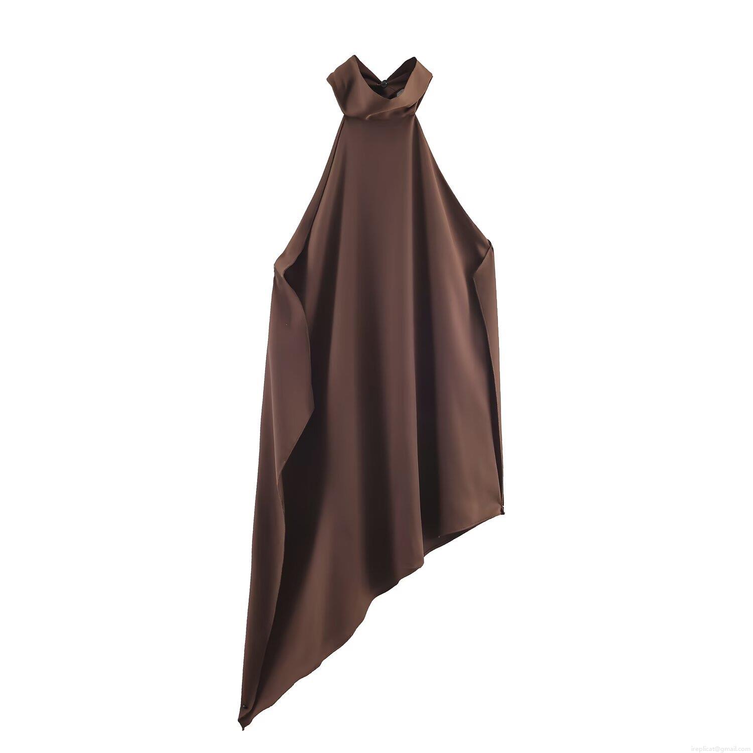 Sexy Backless Halter Top Women Asymmetric Hem Satin Sleeveless T-Shirt Dark Brown Crinkled Top For Summer Party Clubwear