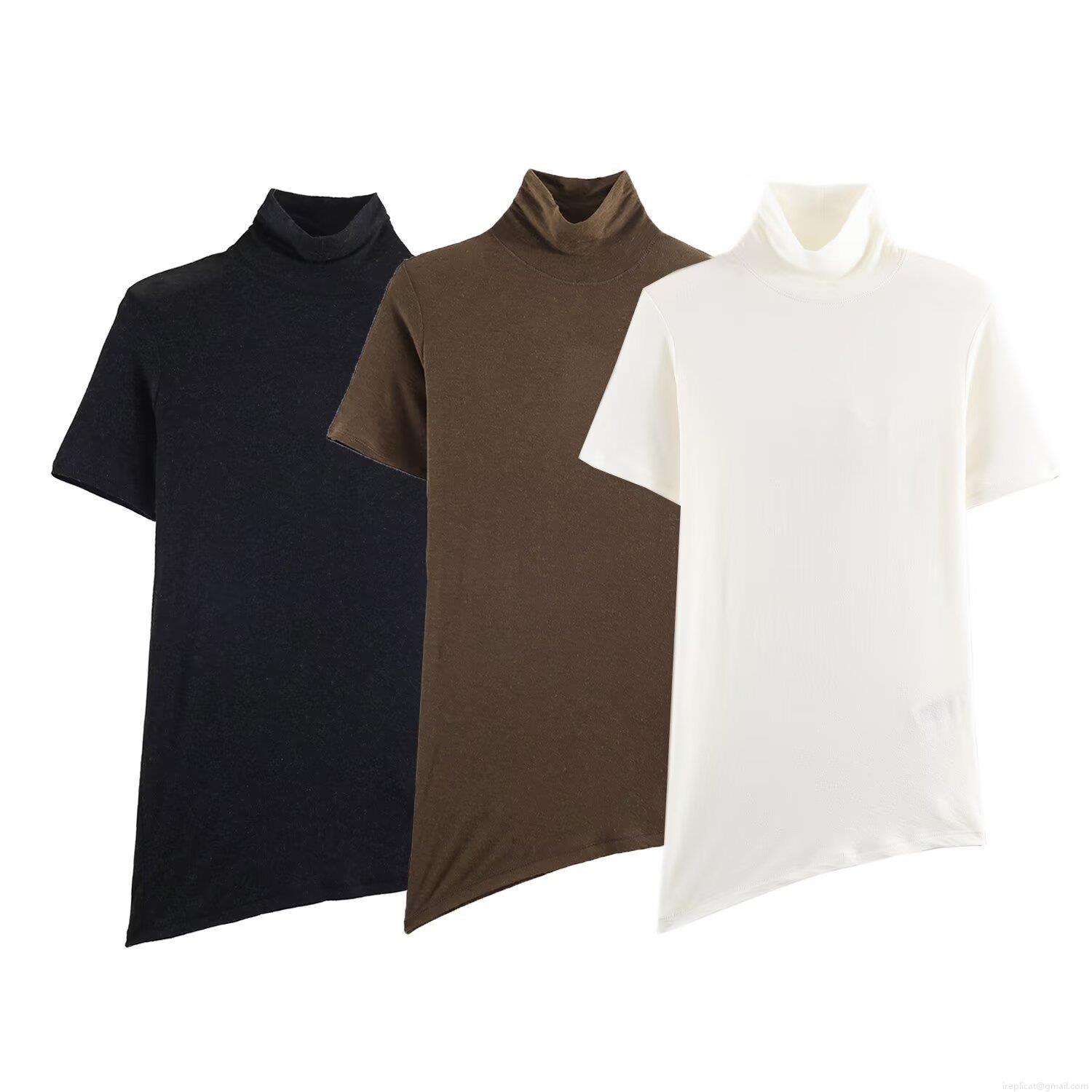 Women's Winter Fashion Casual High Neck Short Sleeve Knit T-Shirt Solid Color Loose Fit Top With Asymmetrical Hem Spandex Blend Tee For Daily Wear