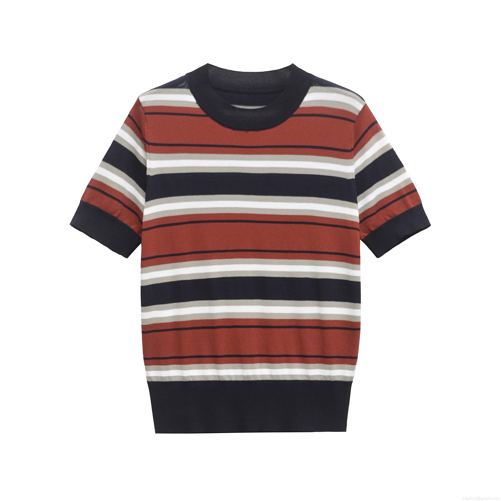 Women Striped Knitted T-Shirt Mercerized Cotton Round Neck Short Sleeve Pullover Casual Loose Fit Top For Summer Daily Wear Fashionable Breathable Comfortable Ladies Tee