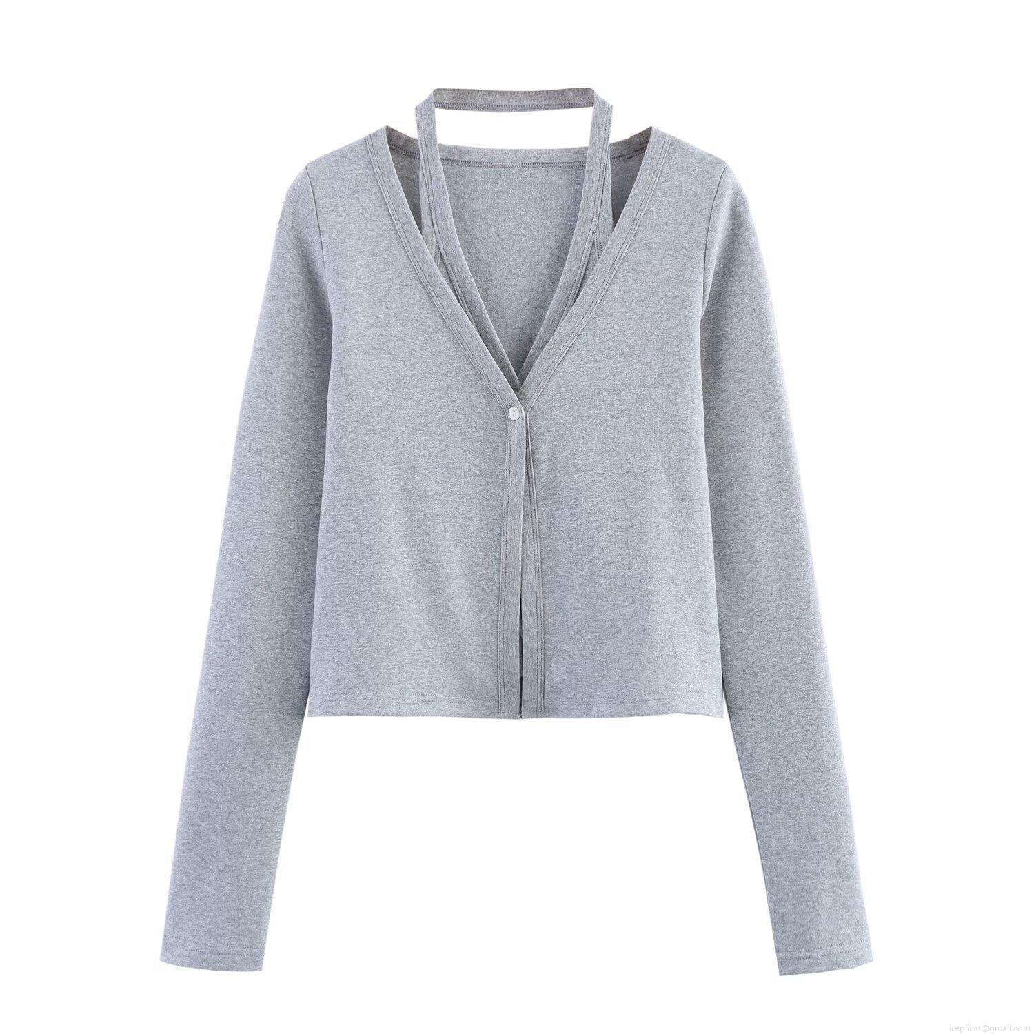 Women's Fashion Halter Neck Knit T-Shirt V-Neck Long Sleeve Fake Two-Piece Top Casual Solid Color Cotton Blend Layered Outerwear For Daily Wear Minimalist Style Slim Fit Grey