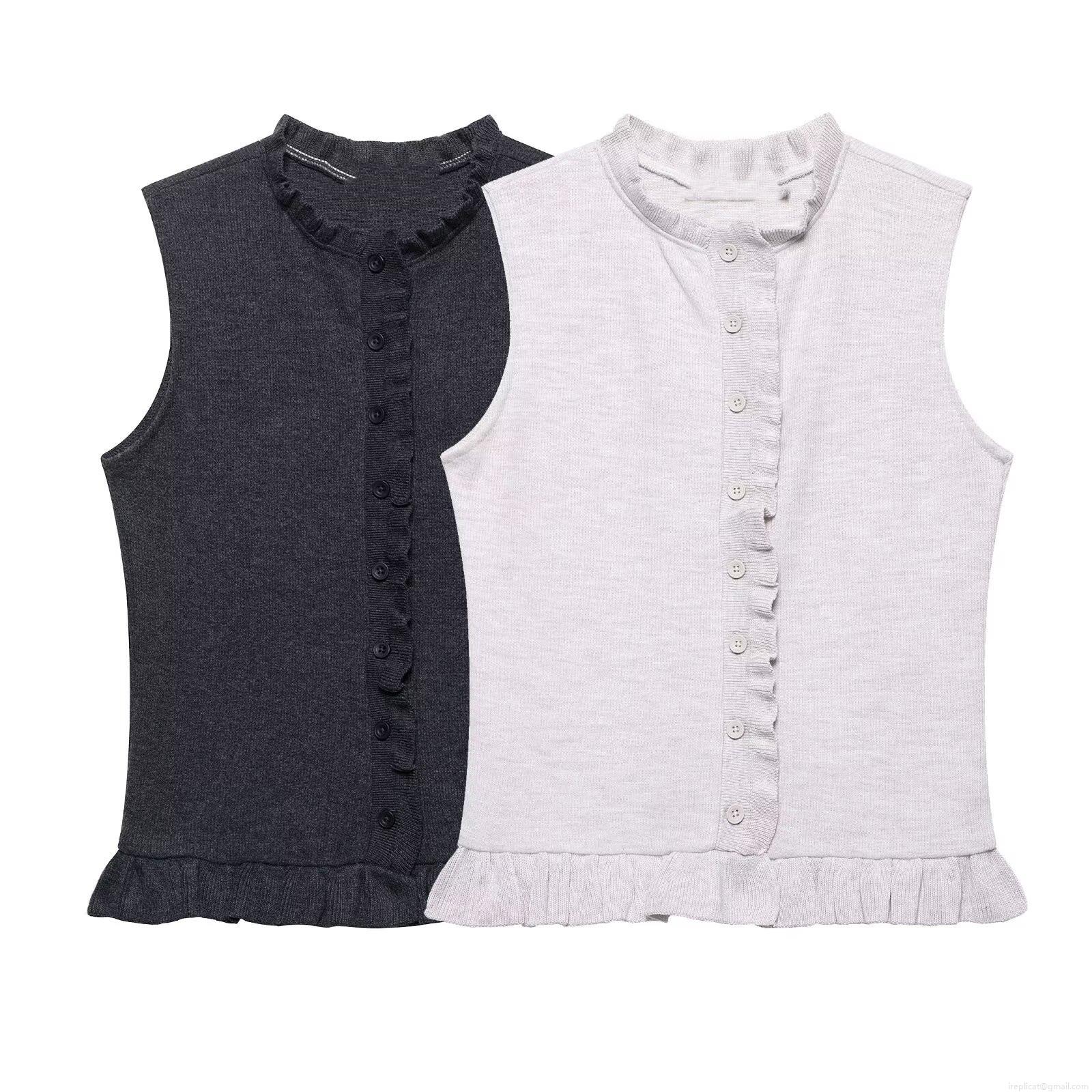 Women's Sleeveless Knitted Top With Ruffle Trim Single Breasted Slim Fit Soft Polyester Vest Sweet Casual Summer Tank Top For Women