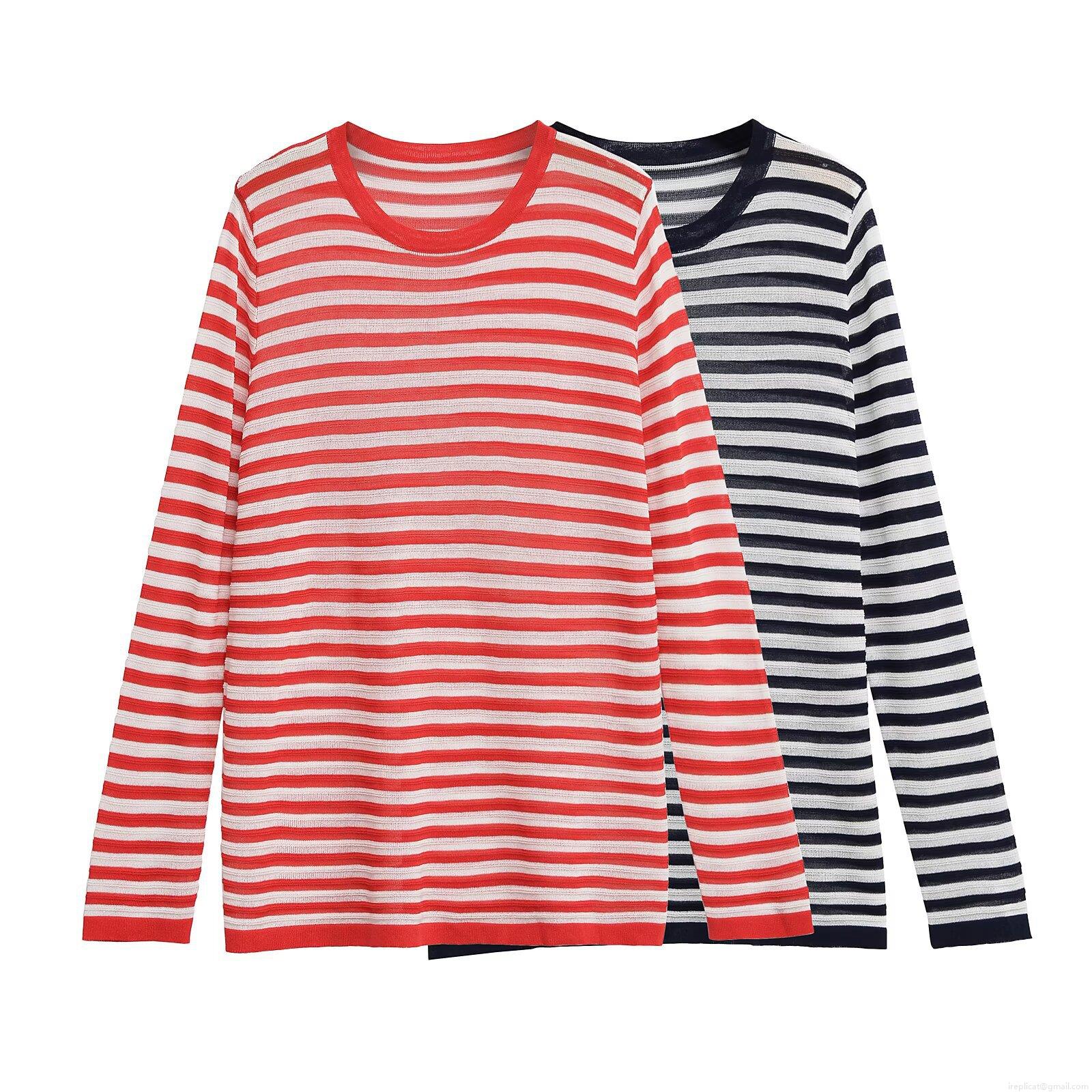 Women's Casual Striped Long Sleeve Knit T-Shirt Mercerized Cotton Round Neck Loose Pullover Top Spring Summer Fashion Minimalist Striped Pattern Comfortable Tee Shirt