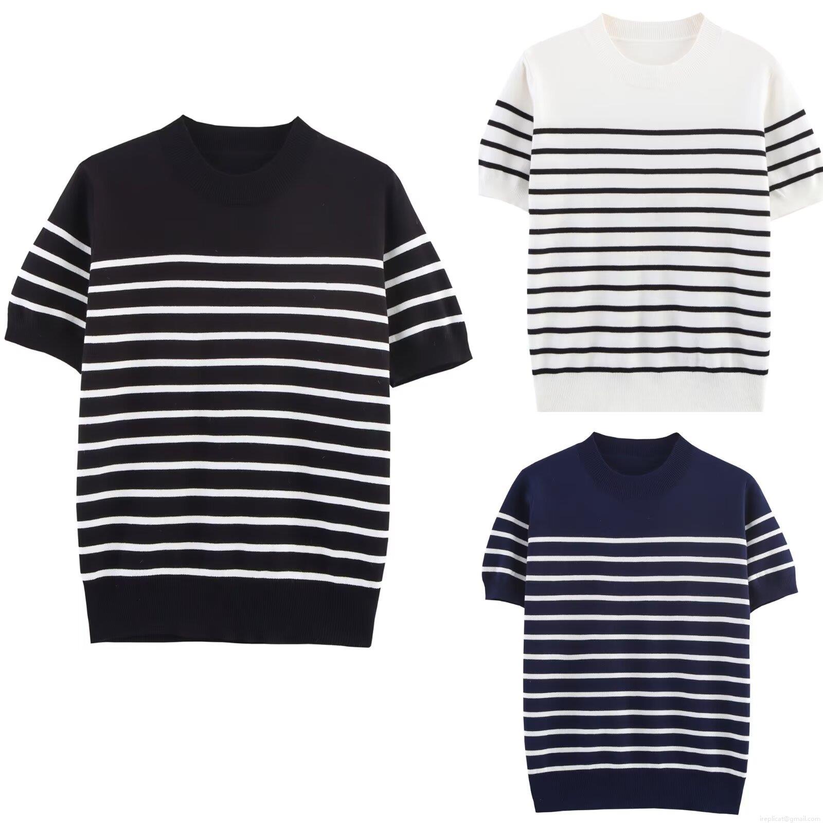 Women's Casual Striped Knit T-Shirt Round Neck Short Sleeve Summer Top Loose Comfortable Polyester Tee For Daily Wear Versatile Fashion Clothing