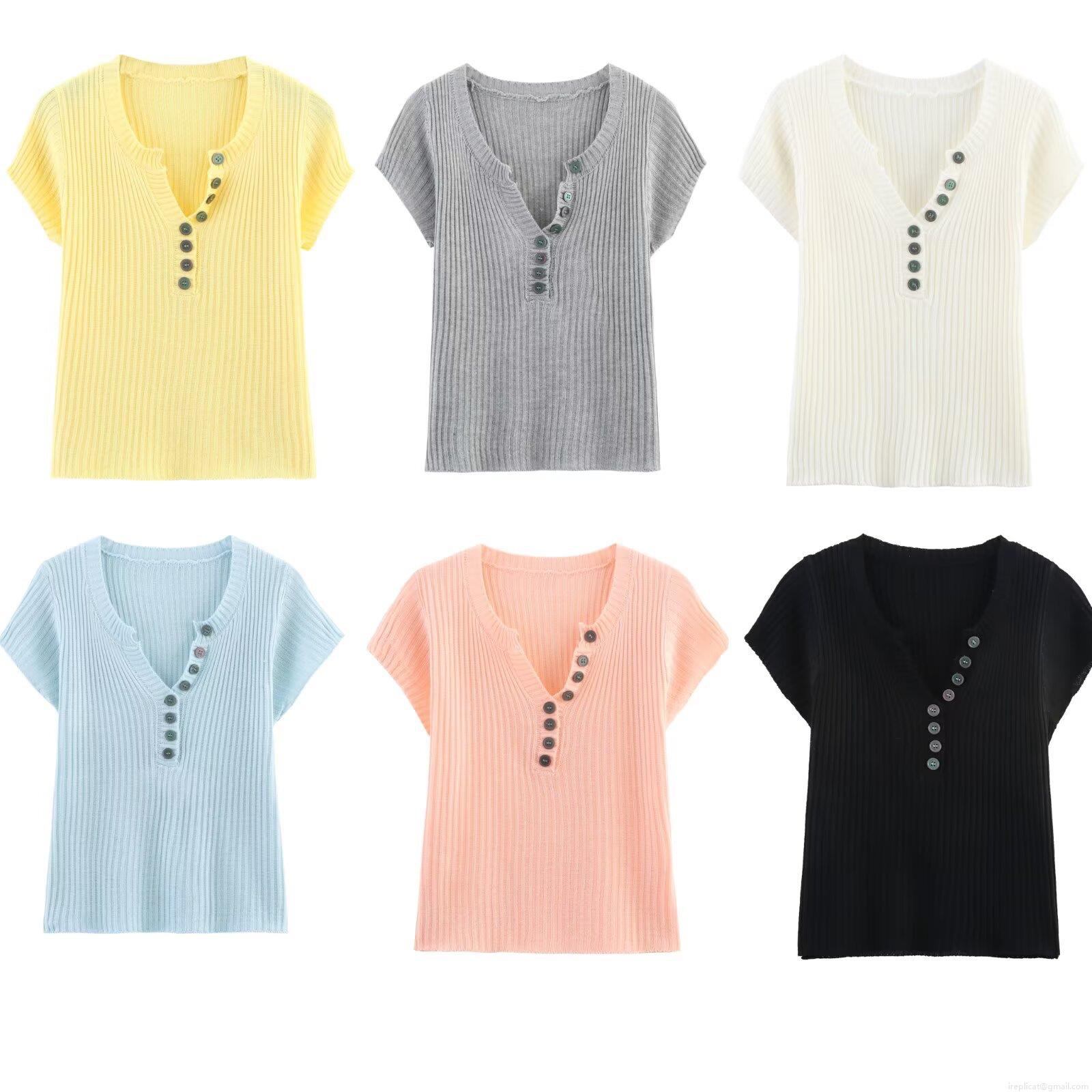 Women's Fashion Ribbed Knit T-Shirt Henley V-Neck Button Front Slim Fit Short Sleeve Cropped Top For Daily Casual Summer Solid Color Basic Tee