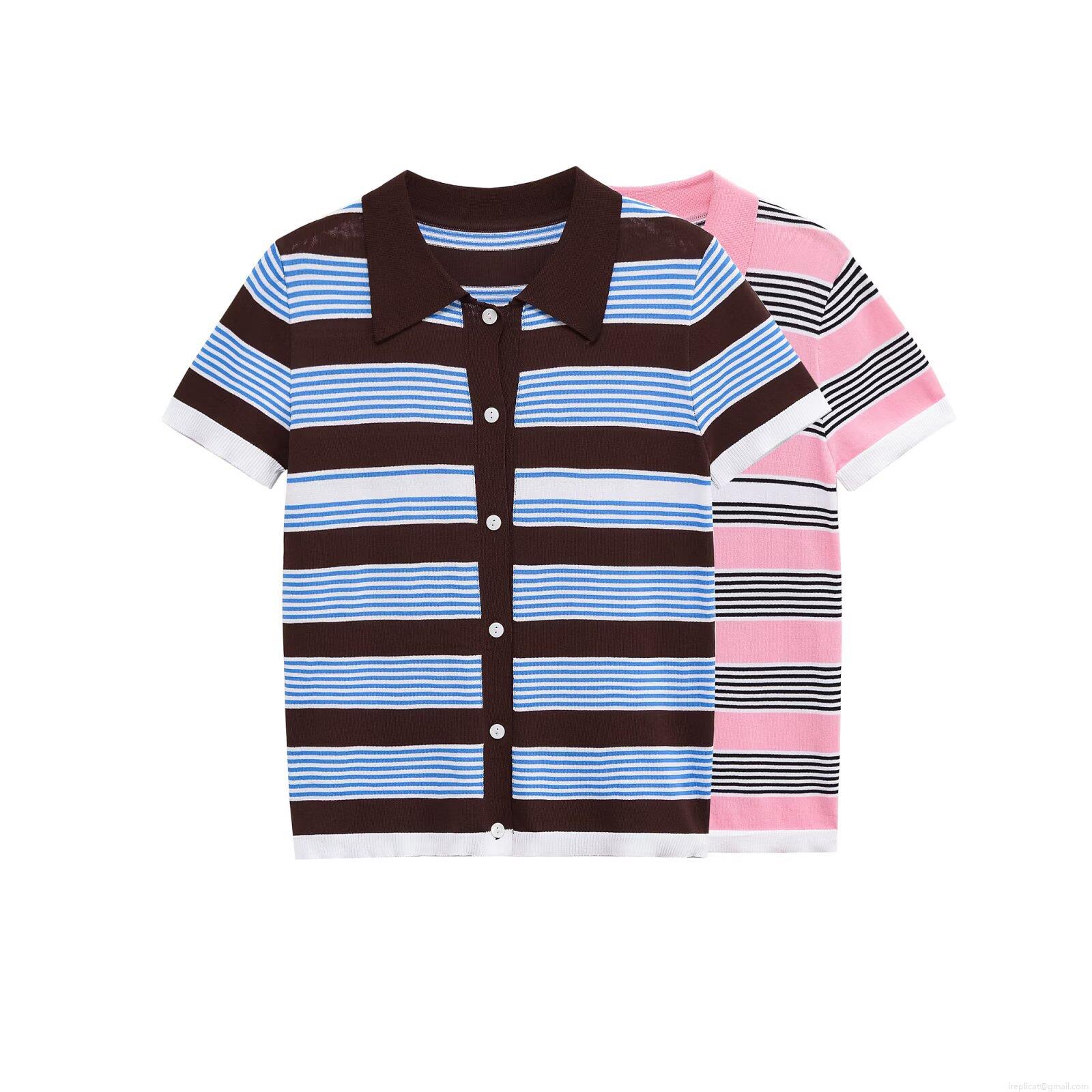 Women's Striped Knitted Polo T-Shirt Mercerized Cotton Short Sleeve Button Up Casual Minimalist Top For Summer Daily Wear Breathable Ladies Retro Knit Tee