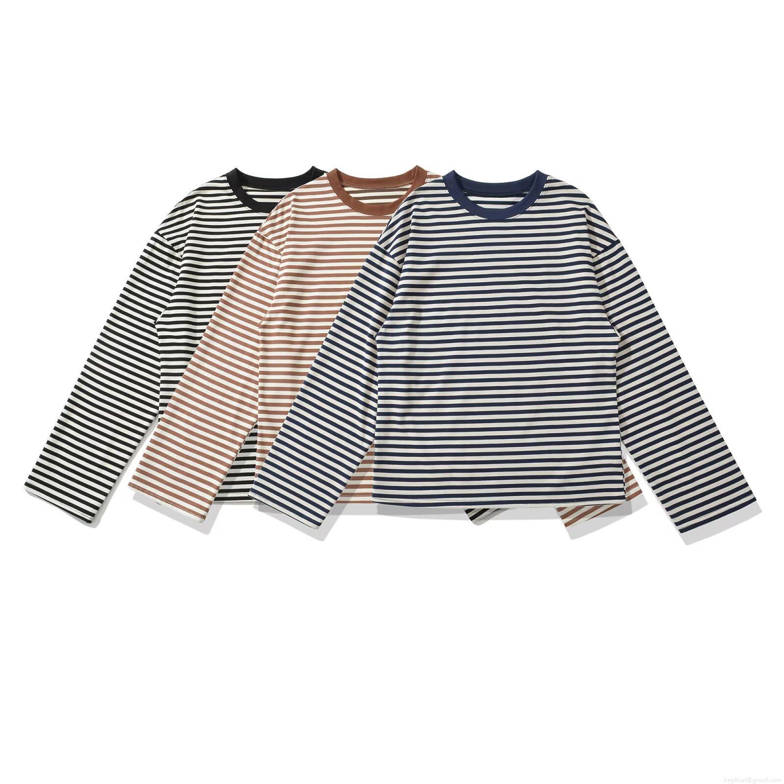 Women Striped Long Sleeve T-Shirt Cotton Blend Loose Fit Round Neck Casual Pullover Top For Daily Wear Chic Korean Style