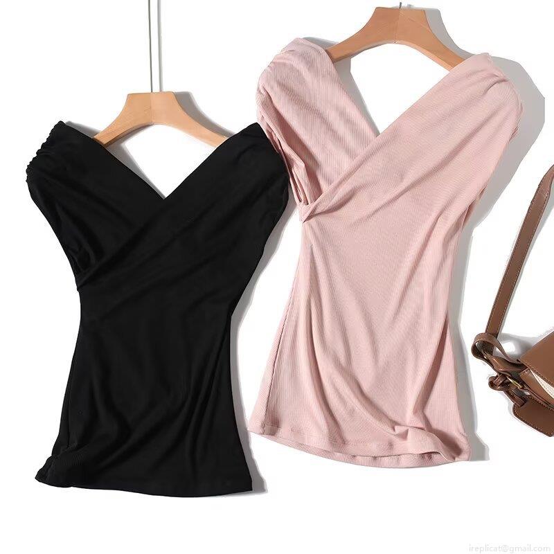 Women's Cross Front V Neck T-Shirt Ribbed Lyocell Spandex Knit Slim Fit Short Sleeve Top Elegant Commuter Solid Color Summer Breathable Tee For Women