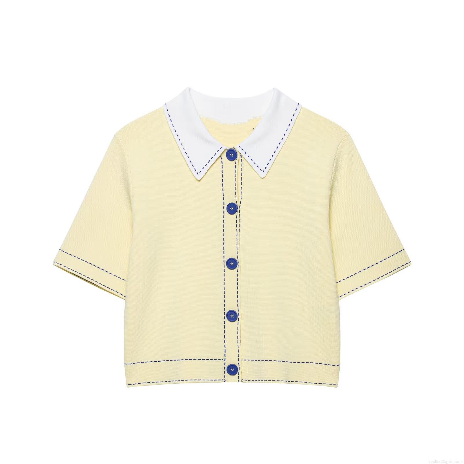 Women's Knitted Short Sleeve POLO Shirt Contrast Lapel Collar Blue Stitching Button Down Polyester Spandex Knit Cardigan Top For Women Casual Daily