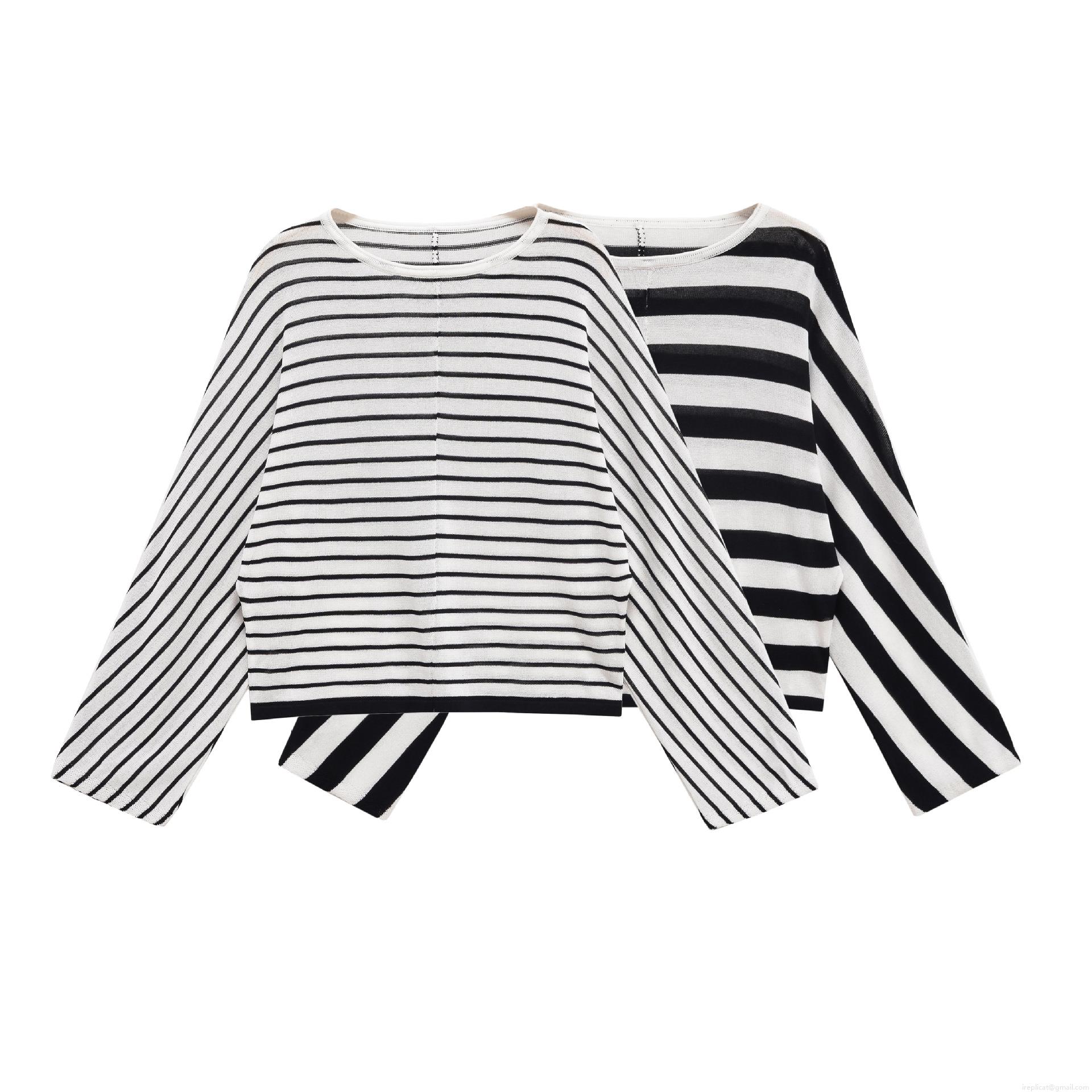 Women's Loose Stripe Knit T-Shirt Long Sleeve Round Neck Batwing Sleeve Casual Pullover Top Polyester Spandex Striped Blouse For Daily Fall Winter