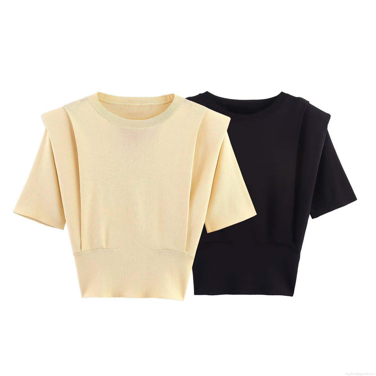 Women's Short Sleeve Knit Top With Shoulder Pads Minimalist Solid Color Ribbed Hem Polyester Spandex Casual T-Shirt For Daily Office Wear Soft Comfortable Tee