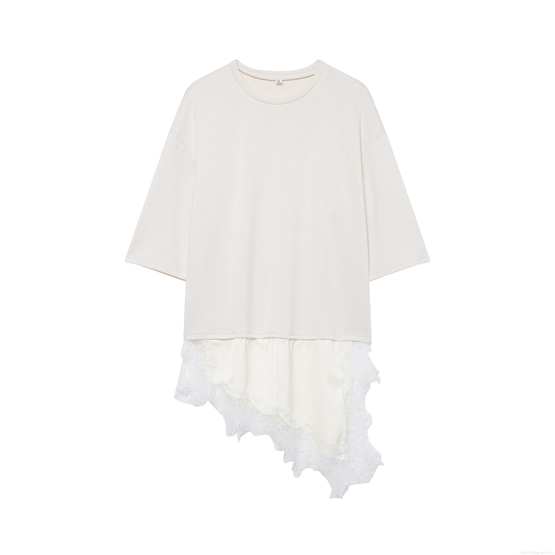 Women's Fashion Lace Satin Splicing T-Shirt Round Neck Short Sleeve Top With Asymmetric Hem Patchwork Casual Western Style Solid Color Pullover For Women Daily Wear Breathable Knit Fabric Clothing