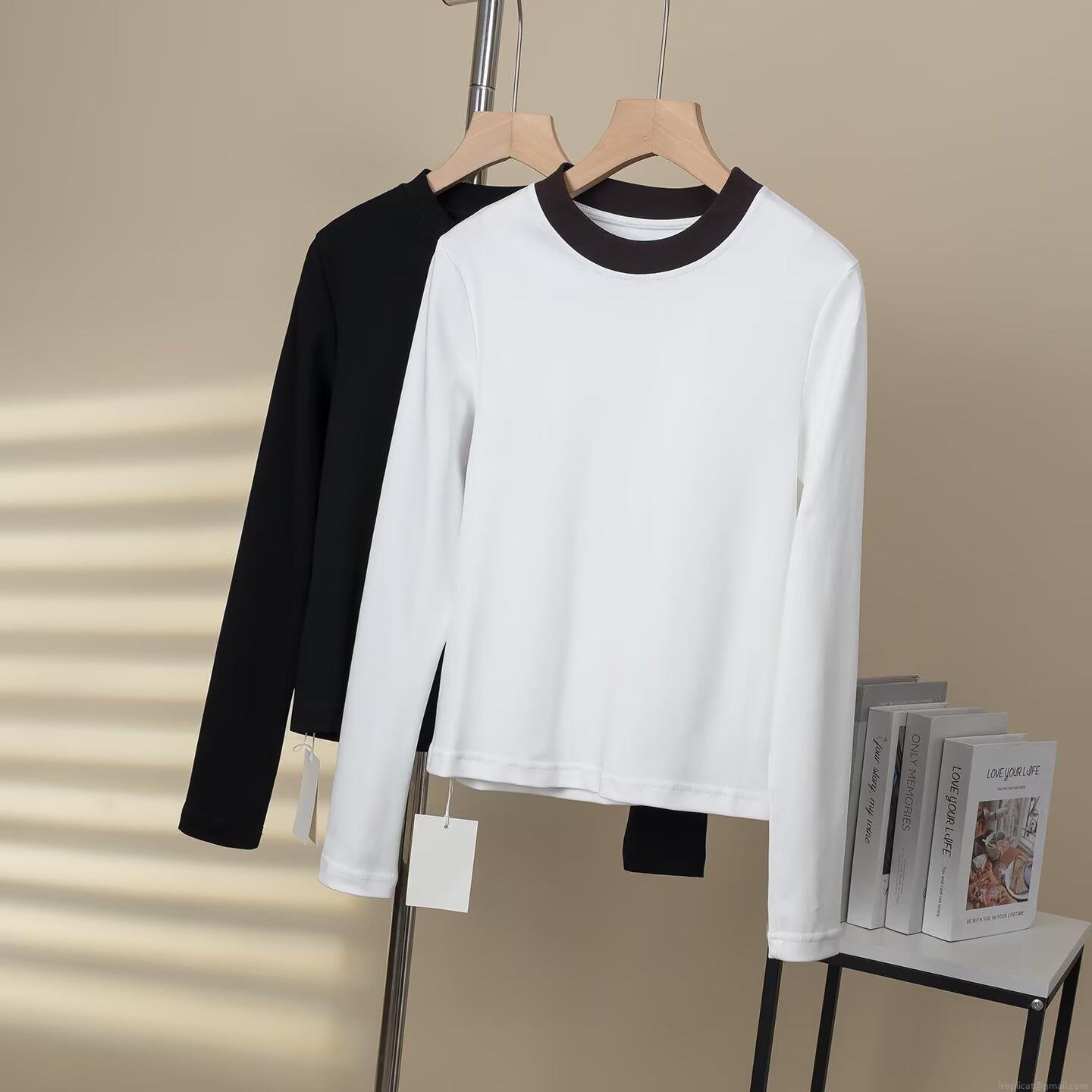 Women's Long Sleeve T-Shirt Crew Neck Contrast Trim Basic Knit Top Casual Fall Spring Pullover Solid Color Slim Fit Tee Soft Comfortable Cotton Blend Undershirt