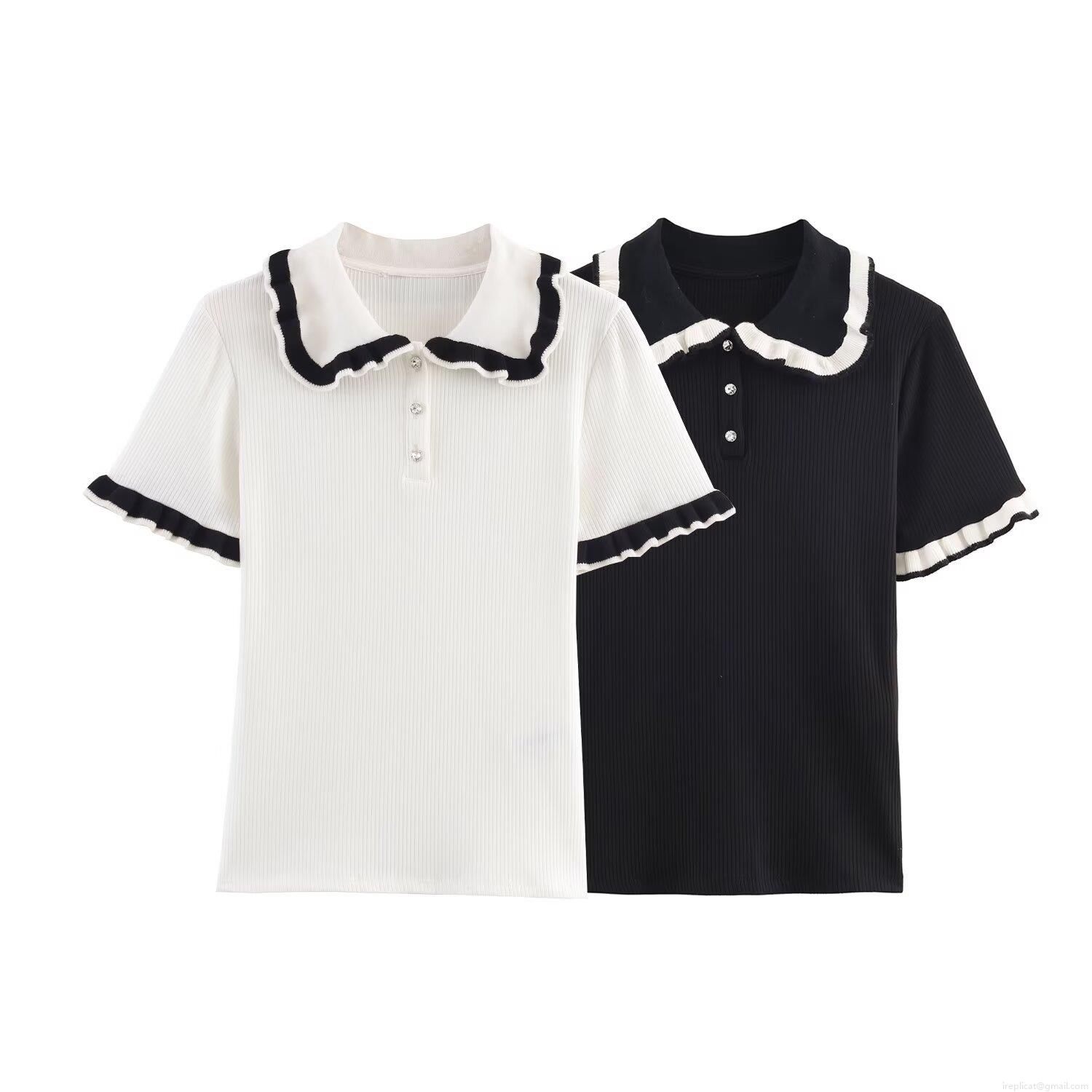 Women's Sweet Knit Polo Shirt Contrast Ruffle Collar Short Sleeve Slim Fit Ribbed Knitted T-Shirt With Crystal Buttons Autumn Casual Top