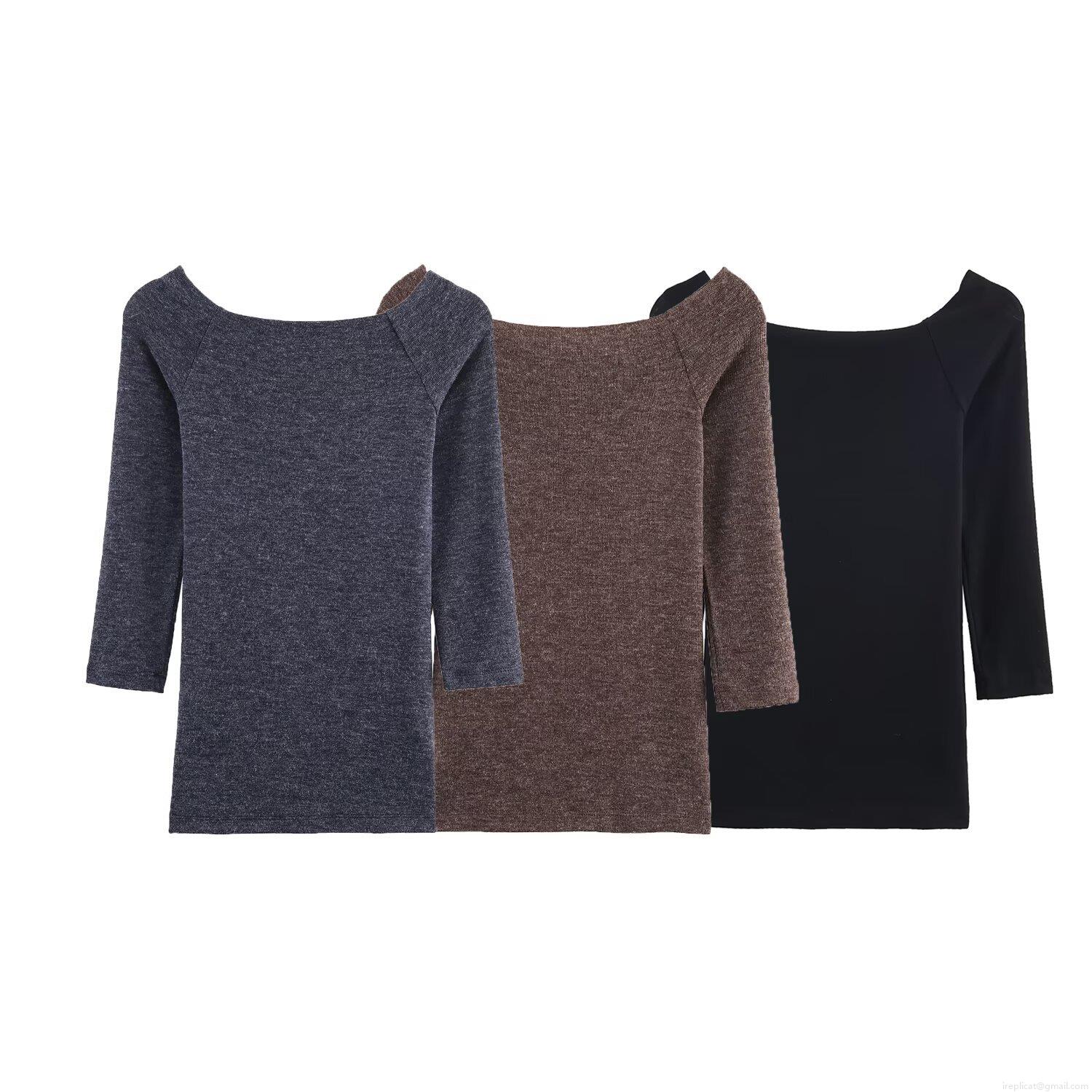 Women Off-Shoulder Knit T-Shirt Slim Fit Polyester Spandex Solid Color Long Sleeve Casual Daily Top Elegant Simple Chic Women Clothing