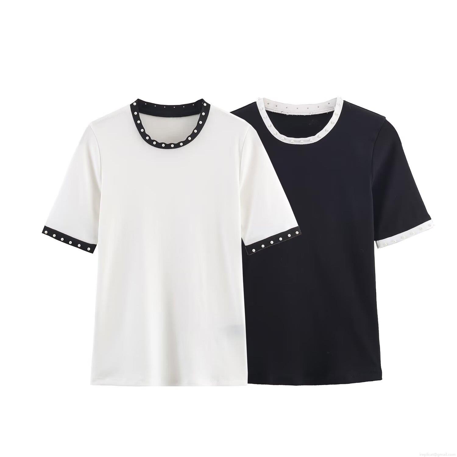 Women's Casual Slim Fit Short Sleeve T-Shirt With Faux Pearl Beaded Trim Round Neck Contrast Color Patchwork Tee Top For Daily Daily Wear